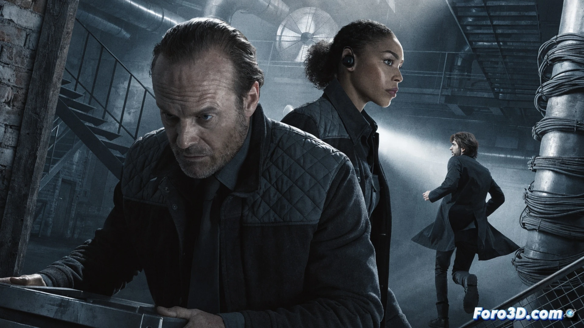 Glowing city street at night, four disheveled agents running together in a tight formation, one technician frantically typing on a compact laptop while sprinting, sparks from a damaged electrical panel behind them, broken glass scattered on wet pavement, surveillance drone hovering in the distance with red blinking light, realistic cinematic photography, dramatic shadows and rain-slicked reflections, wide-angle lens, motion blur on their coats, urgent escape scene, photorealistic urban thriller aesthetic
