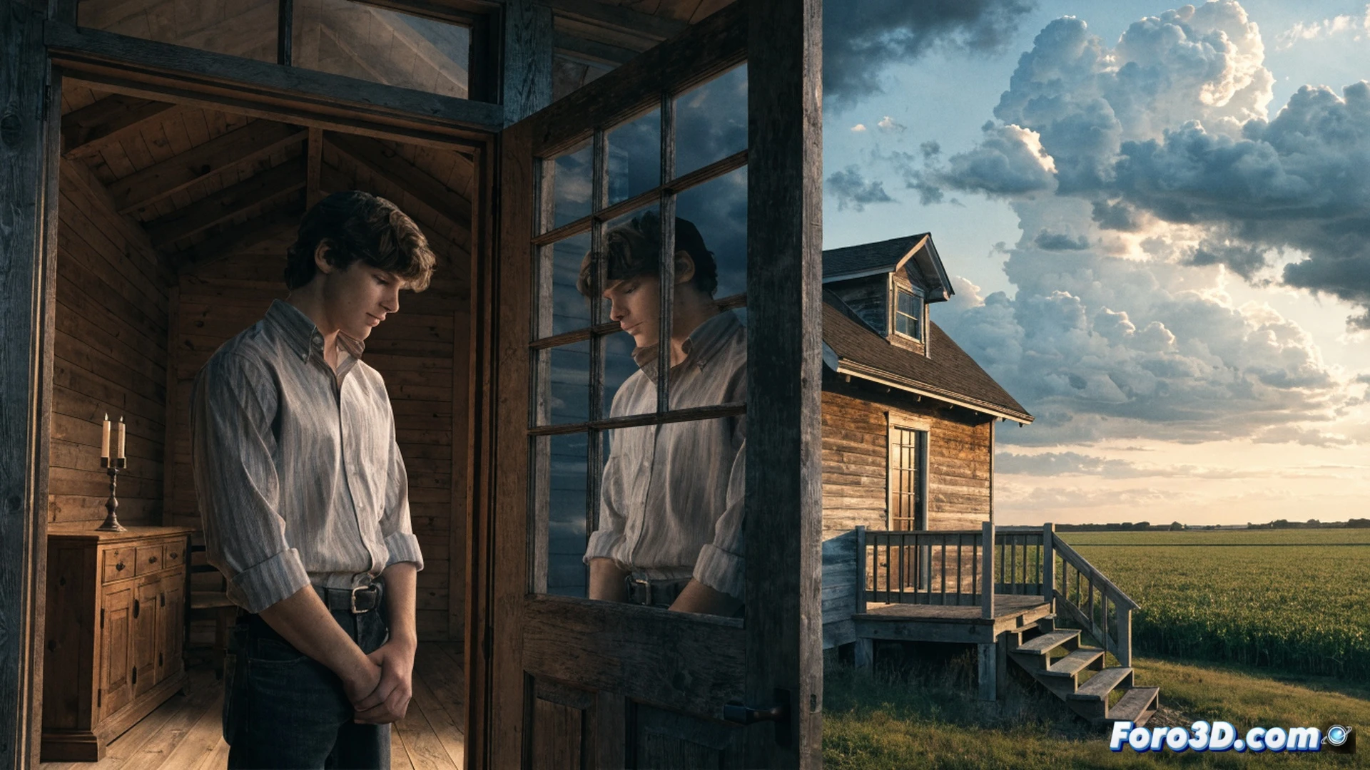 young Clark Kent in a dusty Kansas cornfield, wearing a red jacket and blue jeans, holding a broken tractor gear component in his hands, examining the metallic teeth with focused intensity, a glowing blue energy field faintly surrounding his fingers during a moment of emerging super-strength, warm golden sunset light casting long shadows across the field, distant Smallville water tower silhouette on the horizon, cinematic photorealistic style, shallow depth of field, nostalgic film grain texture, soft amber highlights on the corn stalks, dramatic low-angle perspective showing both vulnerability and power, technical illustration lighting revealing the gear's worn mechanical details