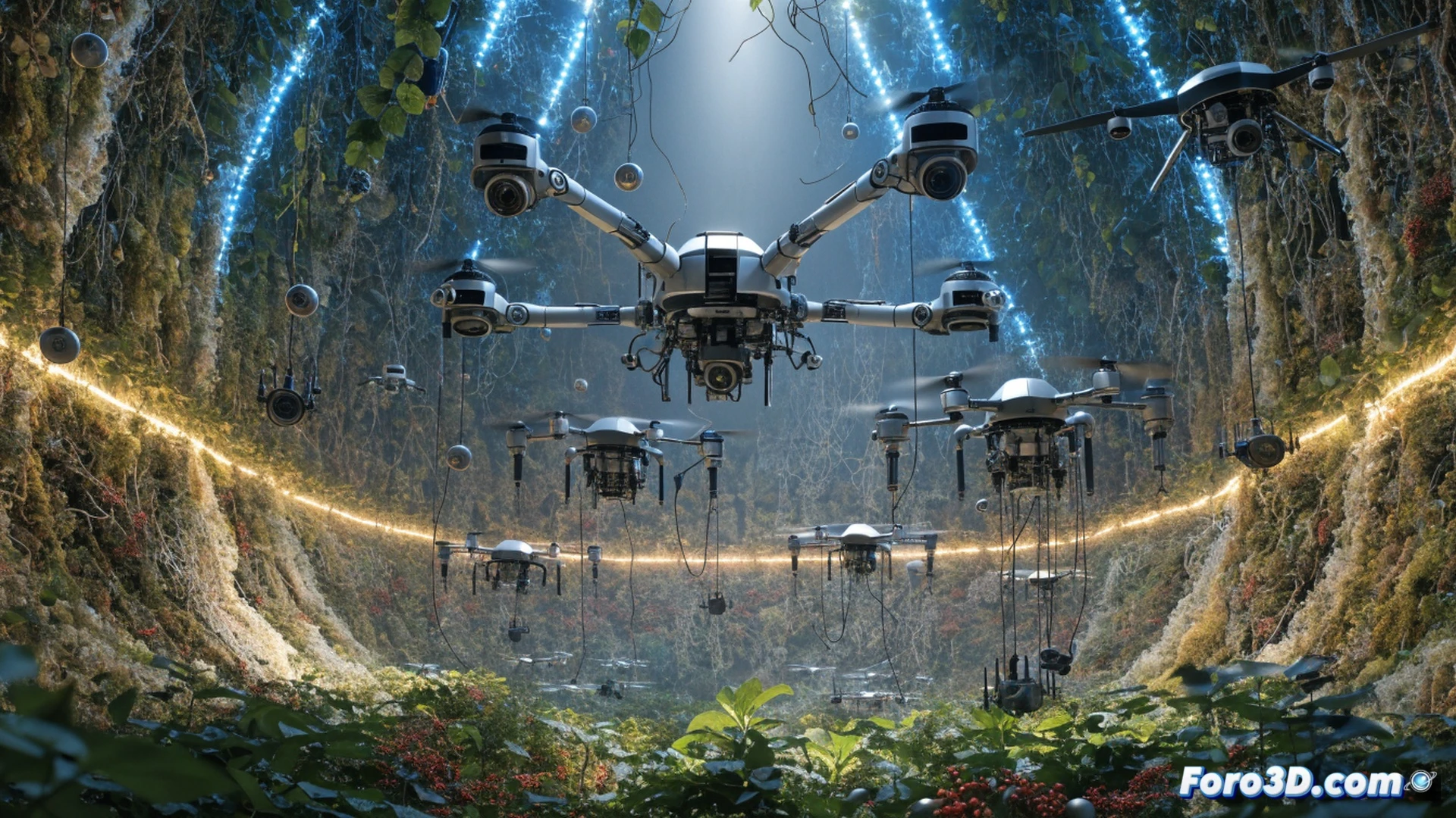 Precision agriculture drone spraying crops at sunset, sensors on quadcopter scanning rows of vegetables, soil moisture probes transmitting data wirelessly, robotic arm harvesting ripe tomatoes while conveyor belt sorts produce, holographic interface showing real-time yield analytics, reducing food waste, photorealistic cinematic engineering visualization, golden hour lighting reflecting off metallic drone propellers, glowing data streams connecting devices, ultra-detailed leaves and soil textures, dramatic depth of field, technical illustration style