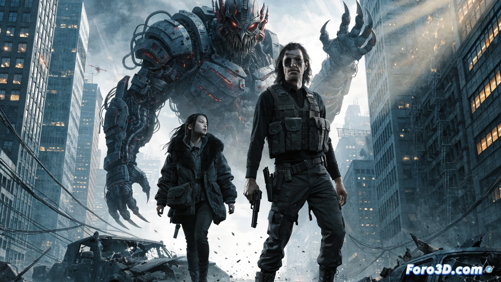 Snake Plissken en acción como coyote escolta, corriendo por un callejón oscuro de Chicago, blandiendo un rifle de asalto modificado mientras protege a una mujer de disparos láser rojos, edificios en ruinas con neones rotos, humo y escombros volando, estilo cinematográfico sucio y ciberpunk ochentero, iluminación dramática con sombras duras, texturas granuladas, photorealistic technical render, mostrando movimiento dinámico con desenfoque de velocidad, chaqueta de cuero desgastada y parche en el ojo, disparos trazados con líneas de calor naranja, atmósfera lluviosa y húmeda, ultra-detallado.