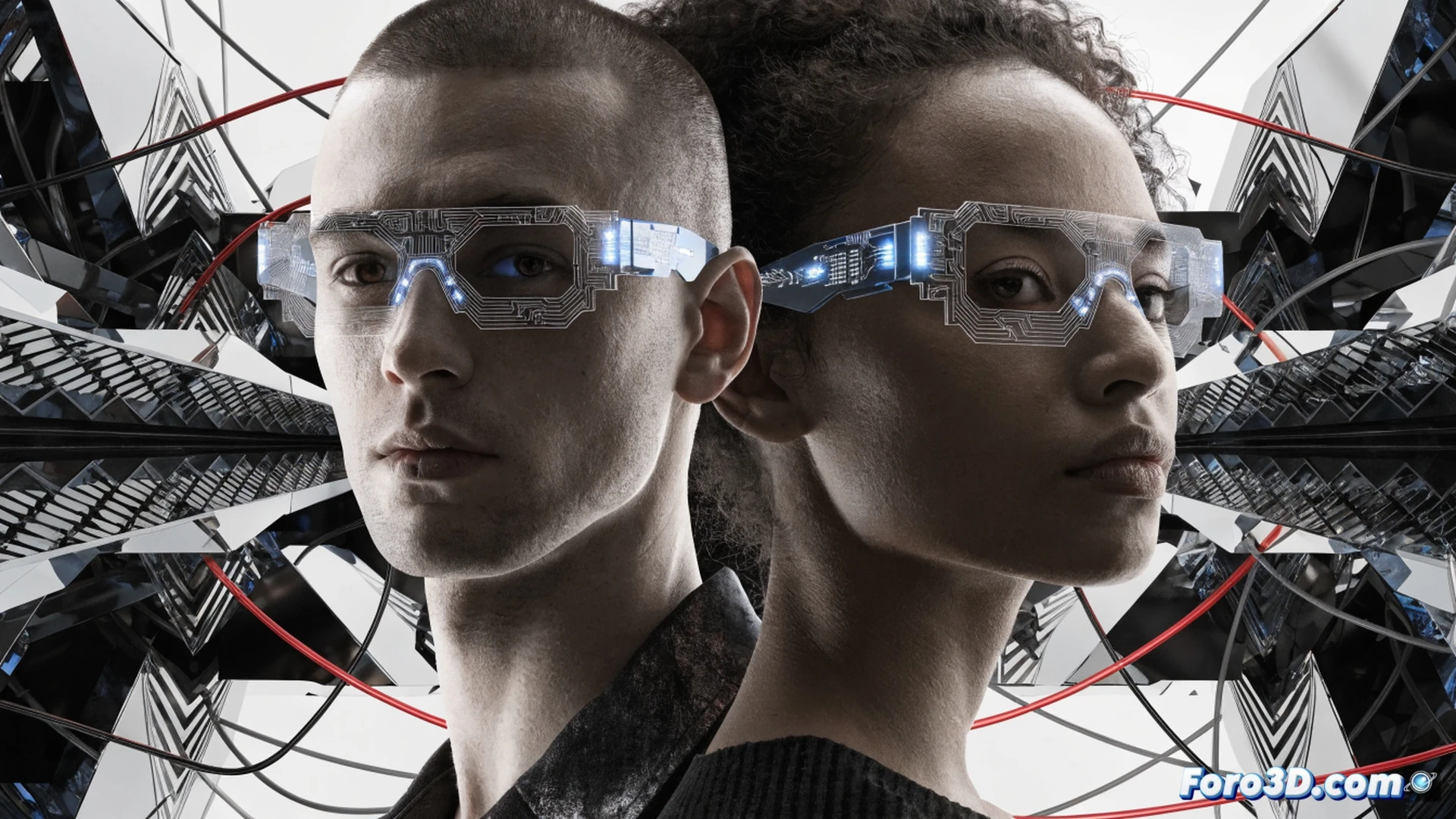 Evan Spiegel sosteniendo las gafas AR Specs frente a una pantalla de diseño 3D, con componentes ópticos despiezados flotando en el aire, mientras un gráfico financiero rojo muestra gastos en caída detrás de él, ingenieros trabajando en prototipos al fondo, herramientas de precisión sobre la mesa, luces de estudio azules y naranjas contrastando, estilo cinematográfico fotorealista, textura metálica y vidrio reflectante, ambiente de laboratorio tecnológico futurista, iluminación dramática de alto contraste, render técnico de alta definición
