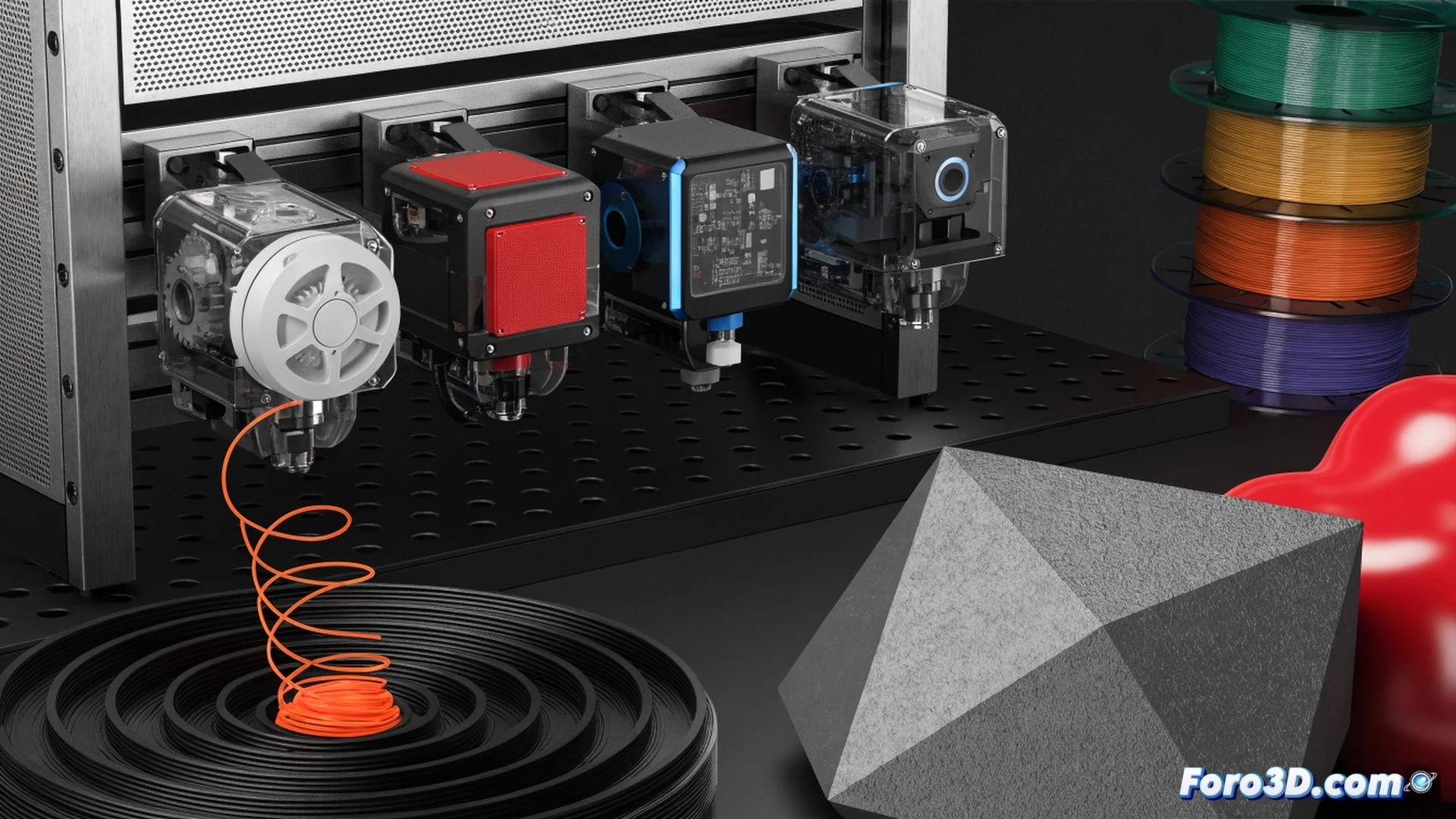 Snapmaker U1 printer showing four interchangeable print heads arranged on a rotating turret, one head actively extruding vibrant multicolor filament onto a complex geometric object, a second head being swapped manually by a gloved hand, plastic waste reduced to a single small scrap on the clean build plate, engineering visualization style, bright studio lighting highlighting metallic rails and precise mechanical joints, crisp shadows, photorealistic technical render, action of rapid color change demonstrated mid-print, minimalist background focusing on hardware details