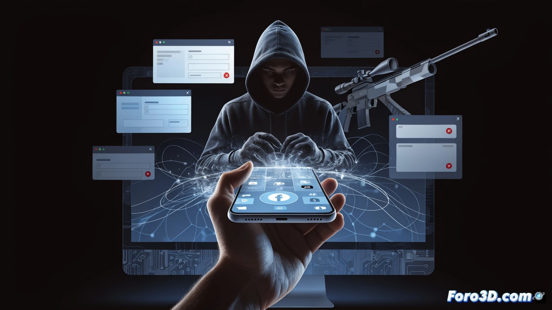 digital security threat visualization, hacker silhouette behind glowing Facebook interface and browser windows, fake promotional ad popup with phishing alert, data streams flowing from user cursor click into dark server, stolen banking credentials and personal data icons being extracted, technical illustration style, cinematic lighting with red and blue neon glows, shadowy figures representing cybercriminals, browser address bar showing suspicious URL, network cables and server racks in background, photorealistic digital art, high contrast dramatic shadows, ultra-detailed screen reflections and pixel effects