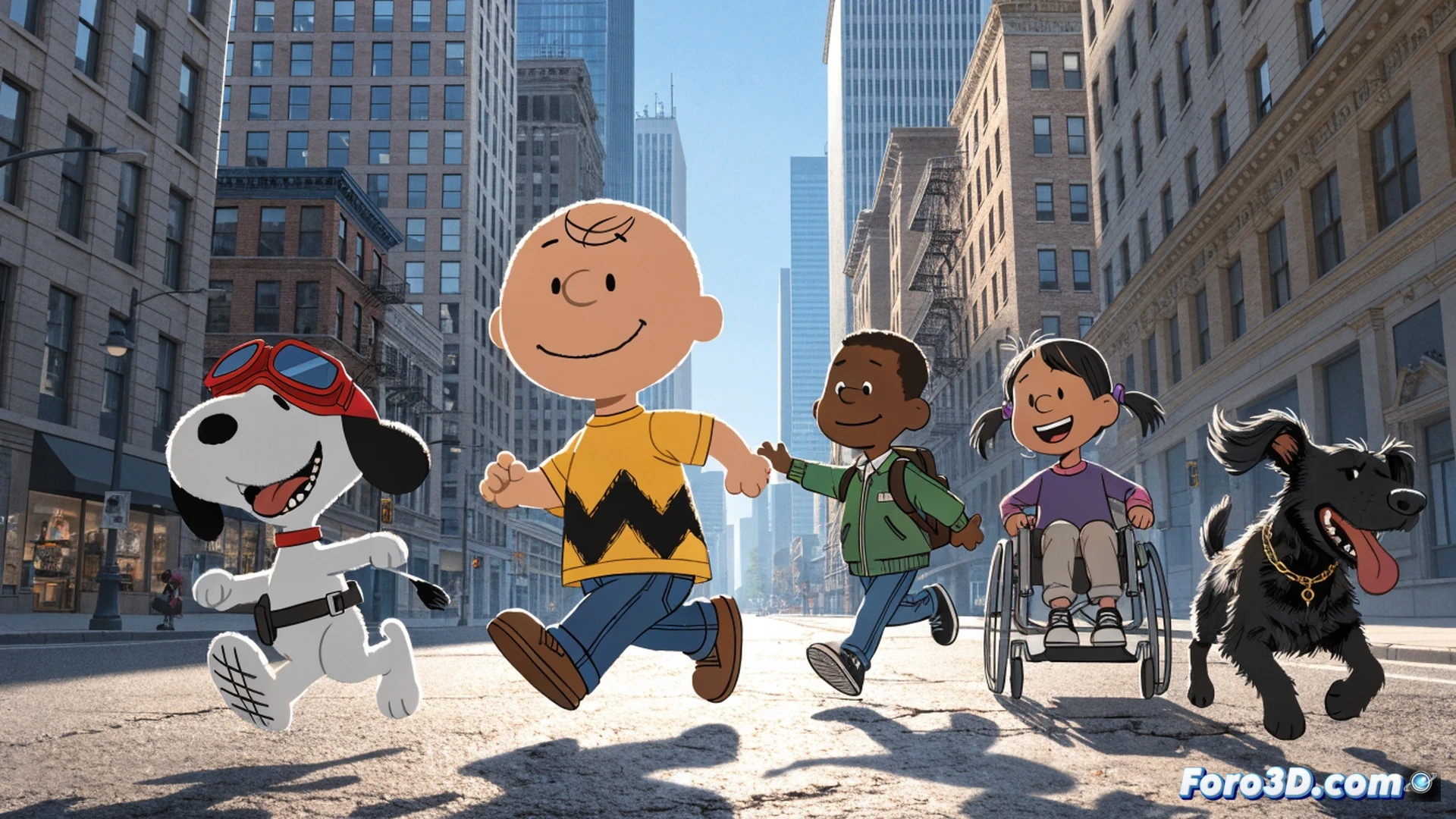 Snoopy and Charlie Brown navigating a bustling city intersection, Snoopy balancing on a skateboard while a friend in a wheelchair rolls beside him, a mischievous dog chasing pigeons near a glowing streetlamp, diverse pedestrians crossing with colorful umbrellas, cinematic family adventure style, warm golden hour light streaming between skyscrapers, inclusive urban scene, photorealistic animation render, dynamic action poses, friendly expressions, detailed brick textures and traffic signals, joyful atmosphere, 4K quality