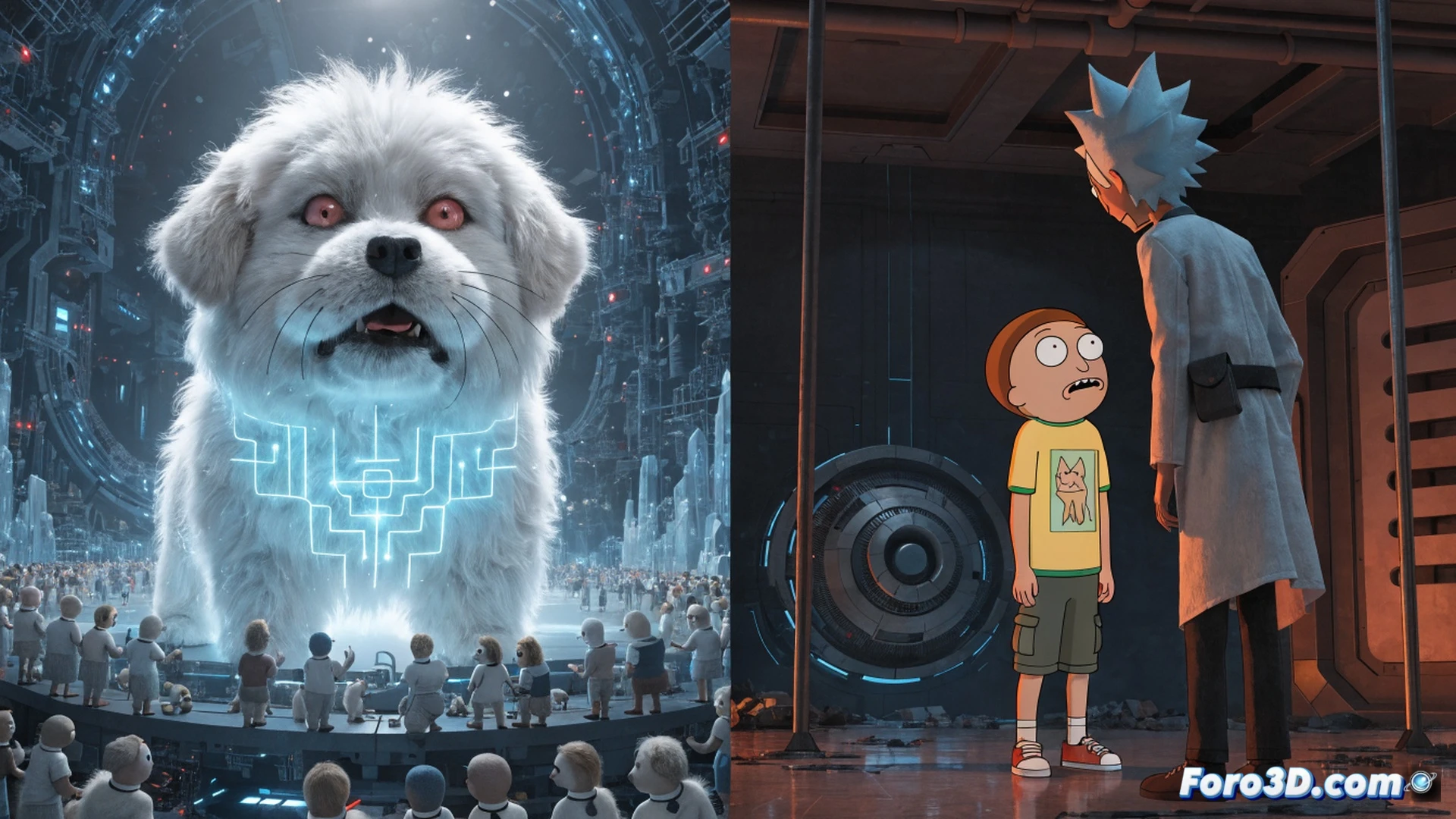Cinematic shot of a futuristic laboratory interior, humanoid dog scientist holding a glowing ethical dilemma interface while turning away from a control panel, another humanoid dog technician ignoring warning lights on a massive holographic projection of a city simulation, cracked ethical framework code displayed on floating screens, dark blue and orange lighting, polished metallic surfaces, complex machinery with blinking LEDs, photorealistic technical illustration, dramatic shadows, technological decay aesthetic, showing avoidance of moral responsibility during development process
