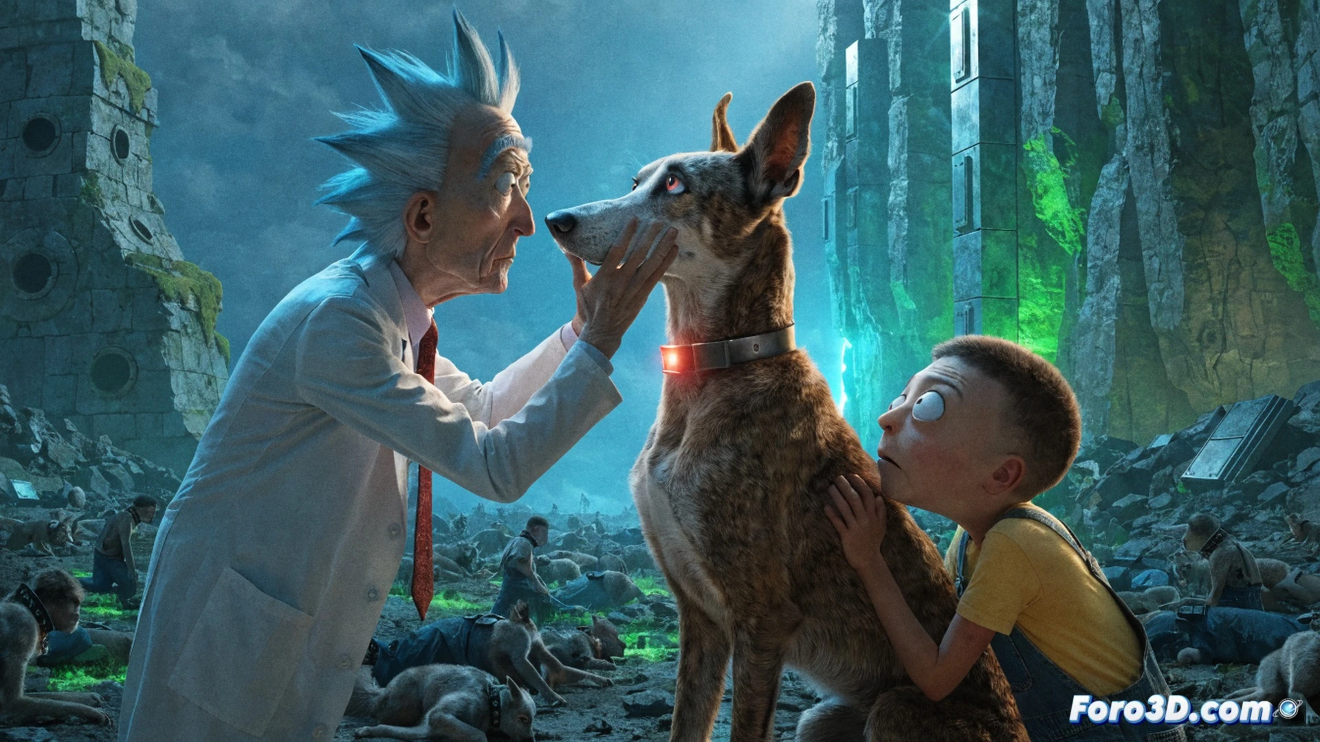 Rick and Morty standing on a desolate alien battlefield, Morty holding a cracked control collar while Snowball the superintelligent dog uses a glowing holographic interface to repair a damaged robotic human servant, sparks flying from exposed circuitry, broken mechanical limbs scattered across the ground, a destroyed domed city in the background emitting smoke, cinematic engineering visualization, dramatic sunset lighting, detailed fur texture on Snowball, metallic scratches on the collar, photorealistic technical render, showing reconciliation through shared action