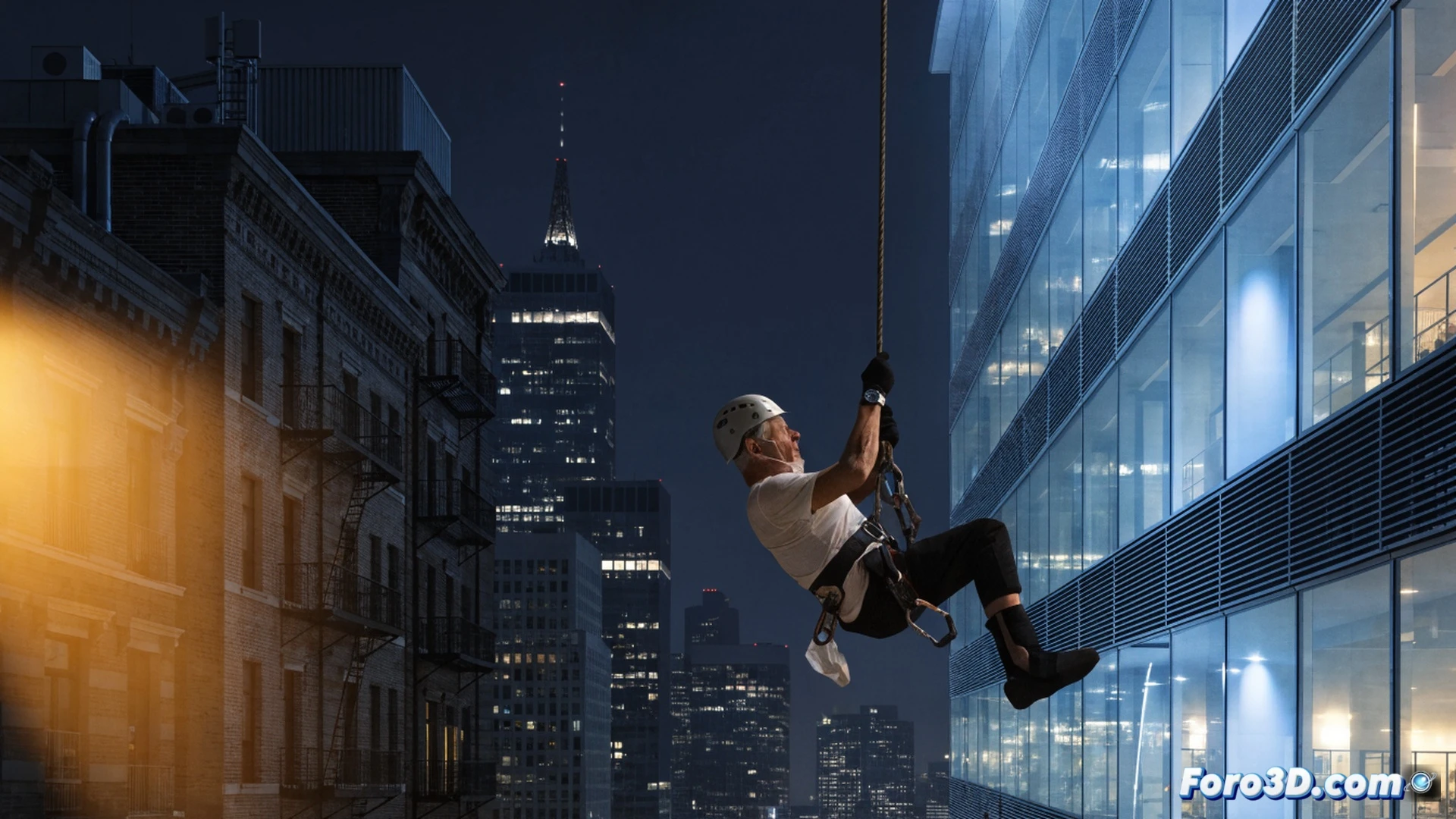 middle-aged man in hospital gown rappelling down the side of a modern glass hospital building, one hand gripping the rope, the other pressed against his chest as if feeling a heartbeat, medical monitoring cables trailing from his gown, rappel harness and carabiner visible, hospital roof edge with safety anchors, sunset lighting casting long shadows, photorealistic cinematic style, dramatic contrast between clinical white walls and warm golden light, action shot showing descent process, emergency room windows in background with blurred figures, technical climbing gear detail, high-angle perspective, emotional heroic composition