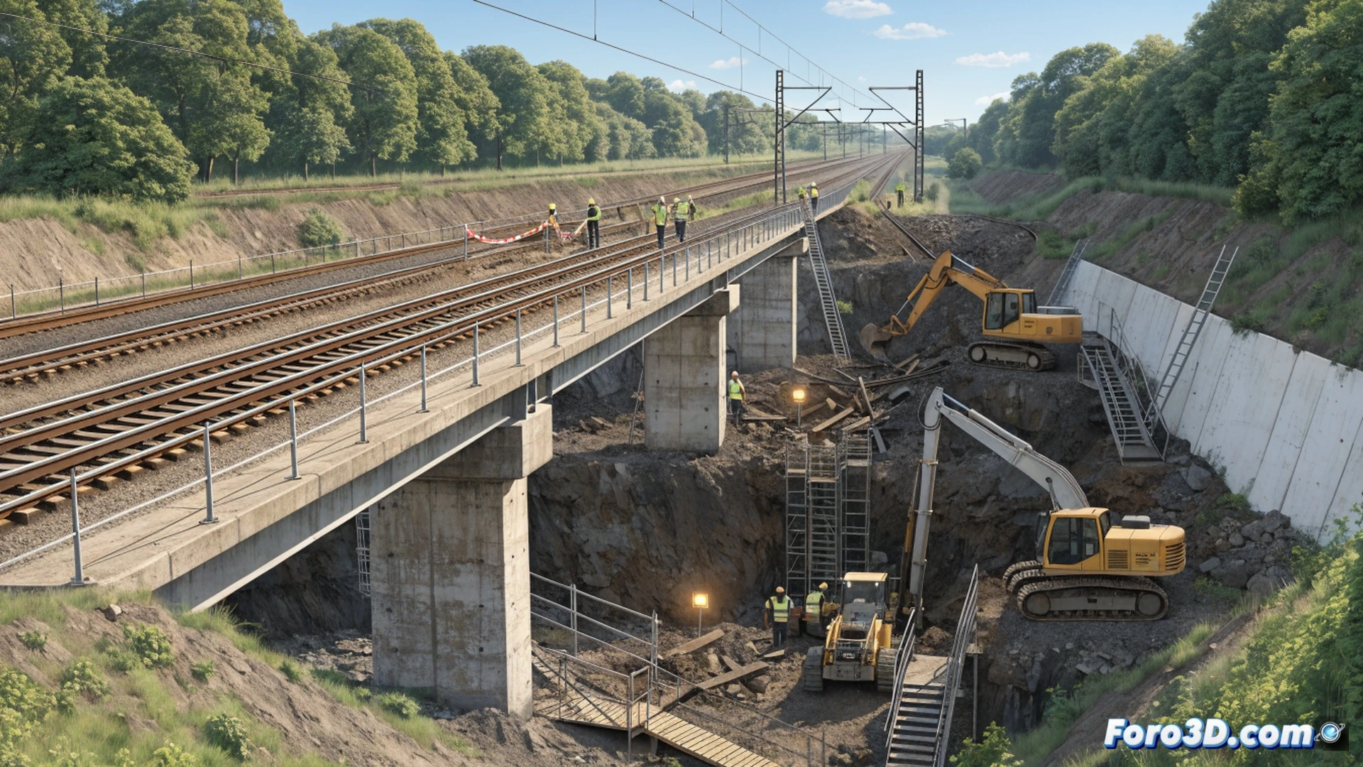 railway bridge embankment collapse scene, multiple deep sinkholes forming under railway tracks near Purley, cracked concrete and exposed soil layers visible, emergency repair crews in hi-vis jackets inspecting the damage, broken rail lines hanging over eroded ground, heavy machinery like excavators and dump trucks positioned for urgent repair work, Network Rail engineers using surveying equipment and tablet computers to assess structural failure, disrupted train services indicated by halted passenger trains at a distance, overcast dramatic sky with rain puddles on torn-up asphalt, cinematic engineering visualization, photorealistic detail with sharp textures on gravel, rusted steel beams, and muddy water, industrial safety lighting and warning barriers surrounding the zone, ultra-detailed infrastructure damage analysis style