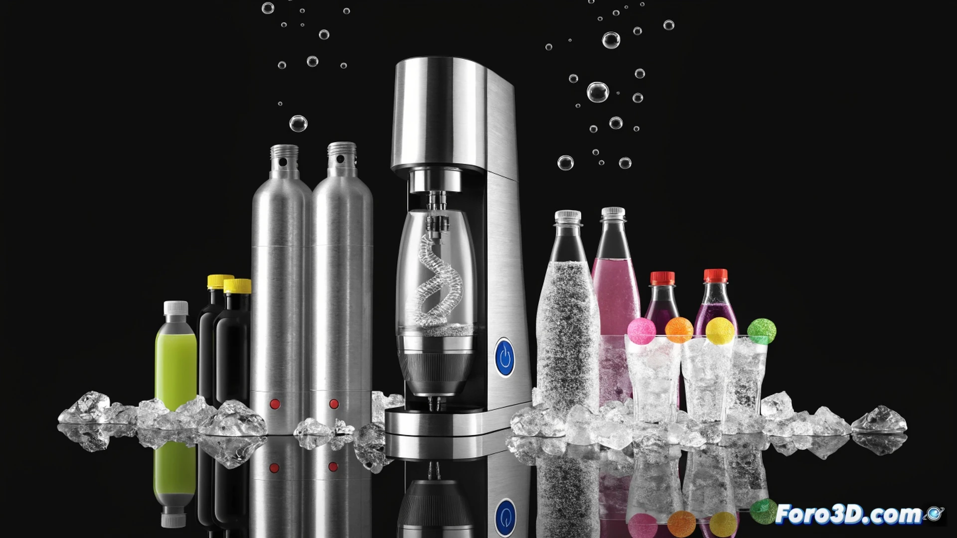 SodaStream Art machine on a kitchen counter, a hand pressing down the carbonating handle during active use, a stream of bubbles visible inside the transparent water bottle, two extra CO2 cylinders and flavor bottles arranged beside it, a price tag graphic floating above showing the discount percentage, photorealistic product visualization, soft natural lighting from a window, glossy metallic finish on the machine, condensation on the bottle, sleek modern kitchen background, shallow depth of field focusing on the carbonation action, cinematic commercial style