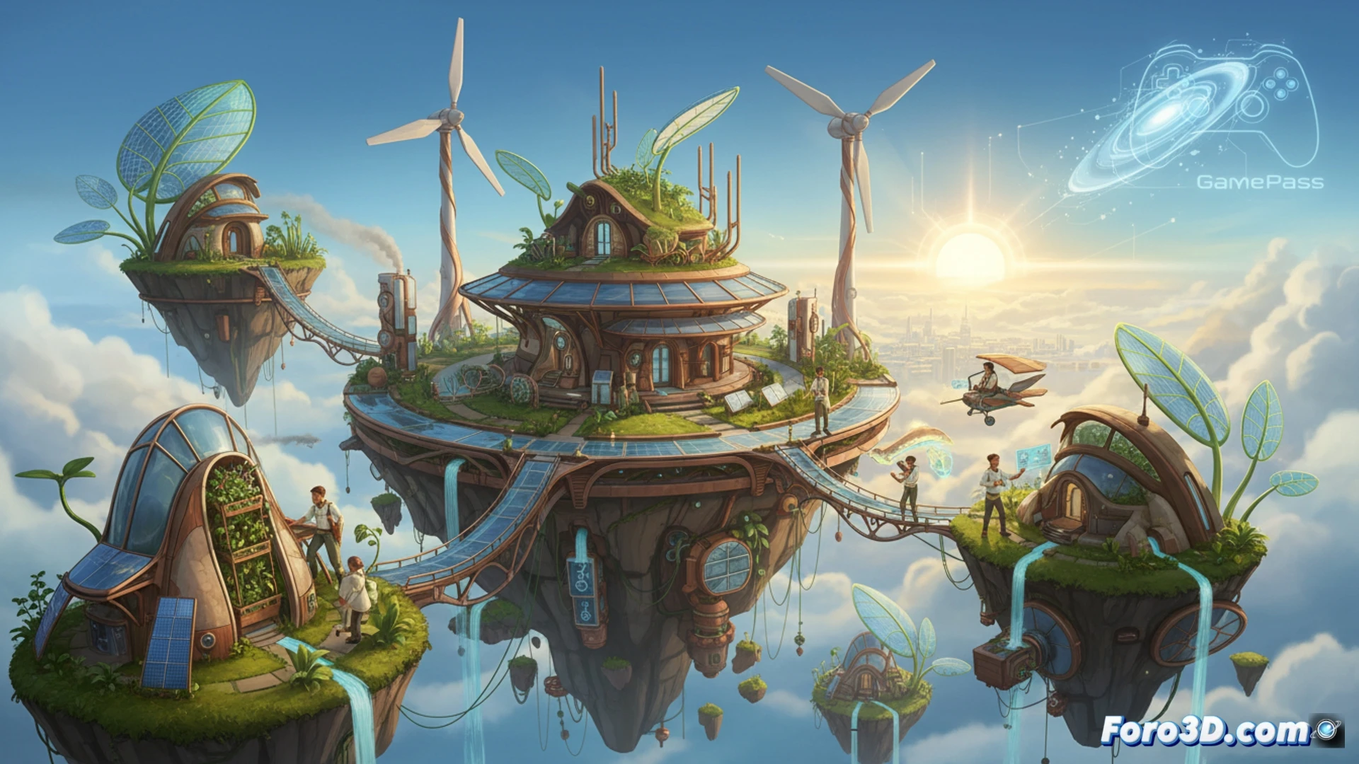 islas flotantes verdes con molinos de viento y paneles solares, cuatro jugadores construyendo una colonia elevada con vigas metálicas y turbinas, drones de carga transportando materiales renovables mientras un jugador coloca un generador eólico en la plataforma, fondo de cielo naranja con nubes brillantes, estilo cinematic photorealistic, iluminación dramática, texturas detalladas de vegetación y metal, acción cooperativa en proceso, demostrando infraestructura sostenible y herramientas de construcción futuristas