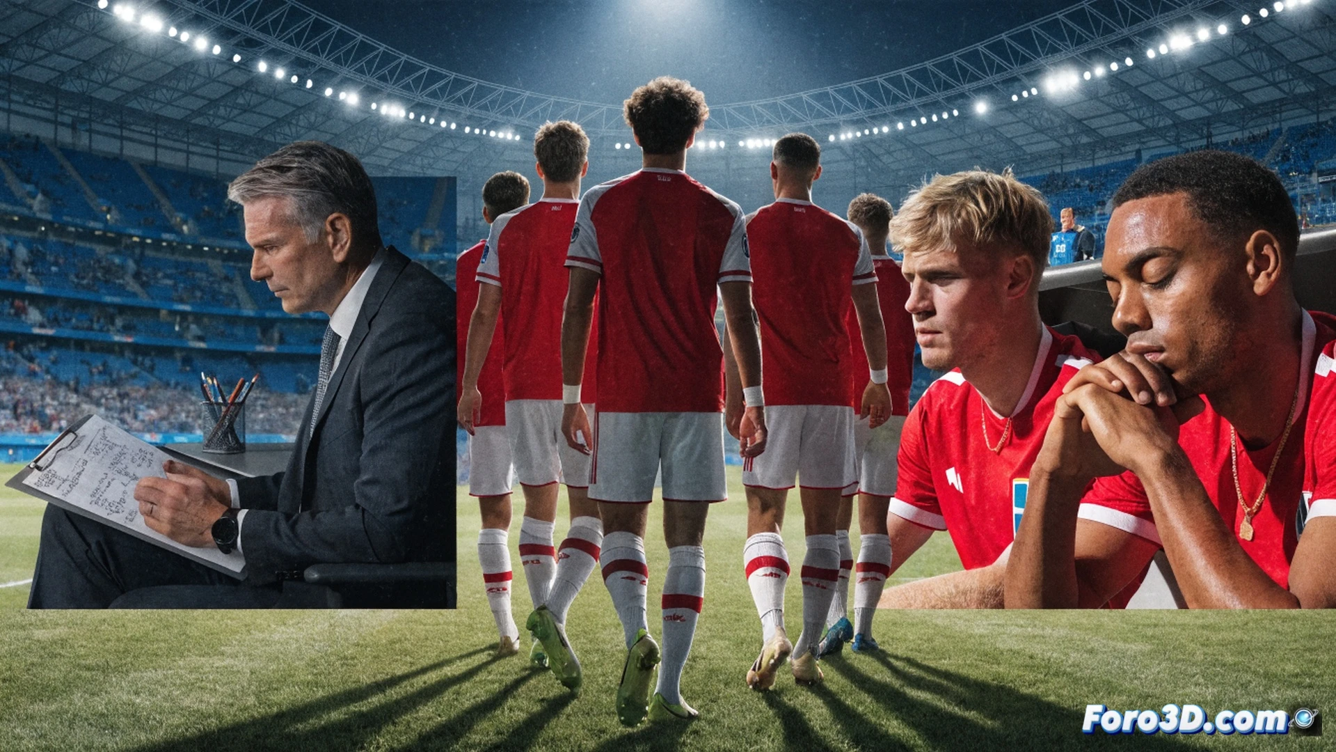 Stale Solbakken en el banquillo noruego, jugadores titulares sentados con ropa de descanso y botellas de agua, mientras suplentes realizan ejercicios de estiramiento en el campo vacío, balón de partido inmóvil en el centro del círculo, marcador digital mostrando NOR 0-0 FRA sin tiempo en marcha, reloj de partido en pausa, banquillo con asientos vacíos, iluminación de estadio nocturno con focos fríos, atmósfera de calma antes del silbato, plano cinematográfico desde el túnel de vestuarios, estilo photorealistic sports documentary, texturas de césped y equipamiento técnico visibles en detalle.