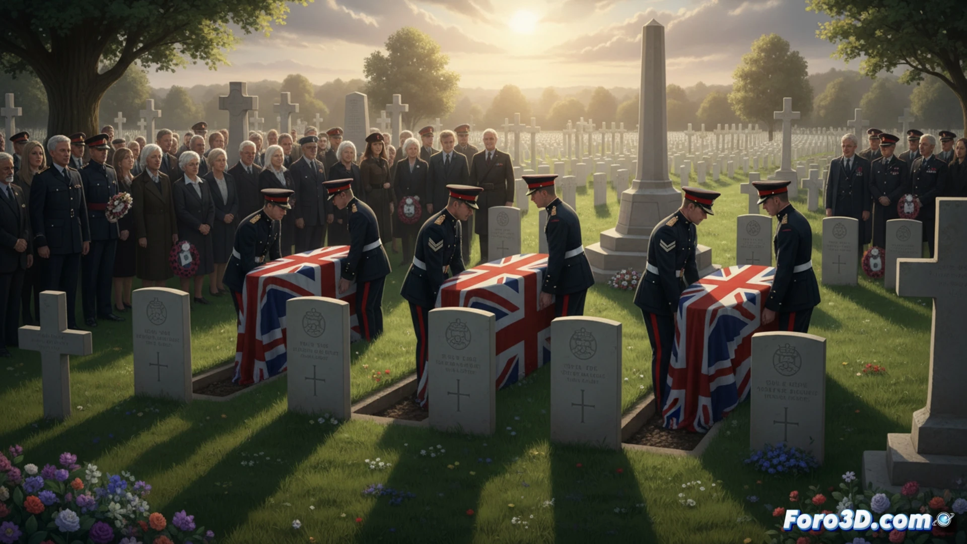 Cementerio Tyne Cot al amanecer, seis ataúdes con banderas británicas siendo bajados simultáneamente por soldados uniformados, manos enguantadas sosteniendo correas de cuero durante el proceso, lápidas de piedra caliza al fondo con nombres grabados, bruma matinal entre las cruces blancas, mostrando soldados en formación rígida rindiendo honores, fusiles con bayoneta apuntando al cielo, un capellán militar con Biblia abierta realizando la ceremonia, estilo cinematográfico fotorrealista, iluminación dorada de amanecer filtrándose entre nubes bajas, texturas detalladas de uniformes de lana y metal oxidado, atmósfera solemne y respetuosa, profundidad de campo suave, composición simétrica y monumental