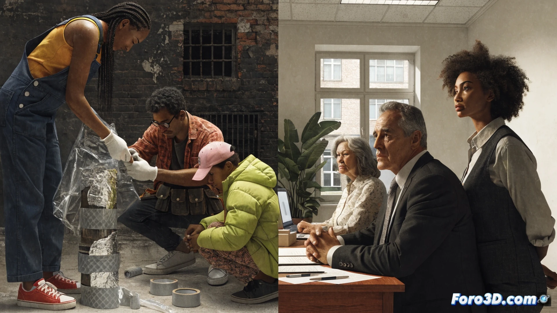Photorealistic wide-angle scene of a Spanish town hall plaza, a large torn fabric patch labeled municipal budget stitched over a cracked funding pipeline, while a single citizen hands a coin to a social worker next to a closed library door with faded signage, another volunteer repairing a broken bench with mismatched tools, contrasting empty municipal offices in background, cinematic lighting highlighting the absurdity, hyper-detailed textures of concrete and metal, technical illustration style