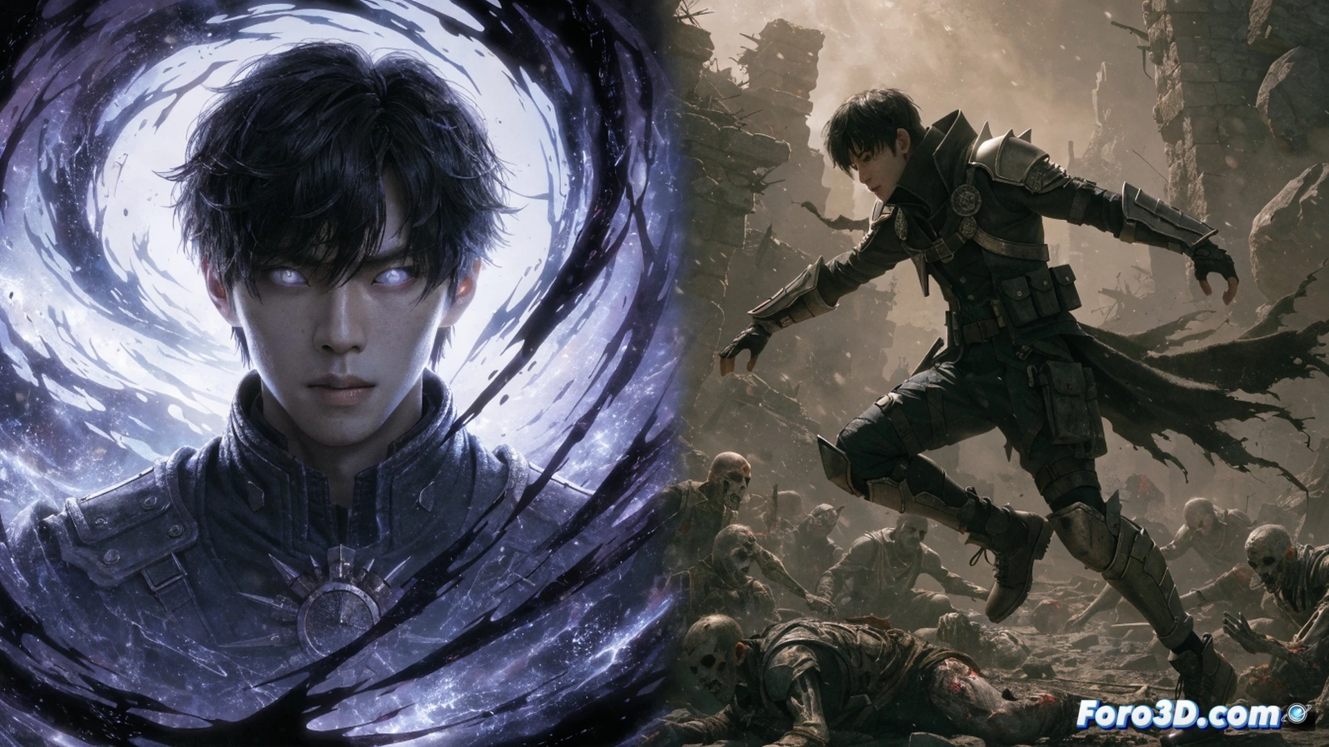 Sung Jinwoo en combate durante la Guerra de los 27 años, armadura negra con detalles violeta brillante, espada energética atravesando un monarca gigante de sombras, fragmentos de tiempo congelado flotando como cristales azules alrededor, campo de batalla devastado con ruinas humeantes, interfaz de juego mostrando barras de salud y habilidades en los bordes, estilo cinematic photorealistic, iluminación dramática con rayos de luz atravesando nubes de polvo, partículas de energía dorada emanando del protagonista, movimiento congelado en el momento del impacto, texturas metálicas detalladas en la armadura, render técnico de videojuego de alta fidelidad