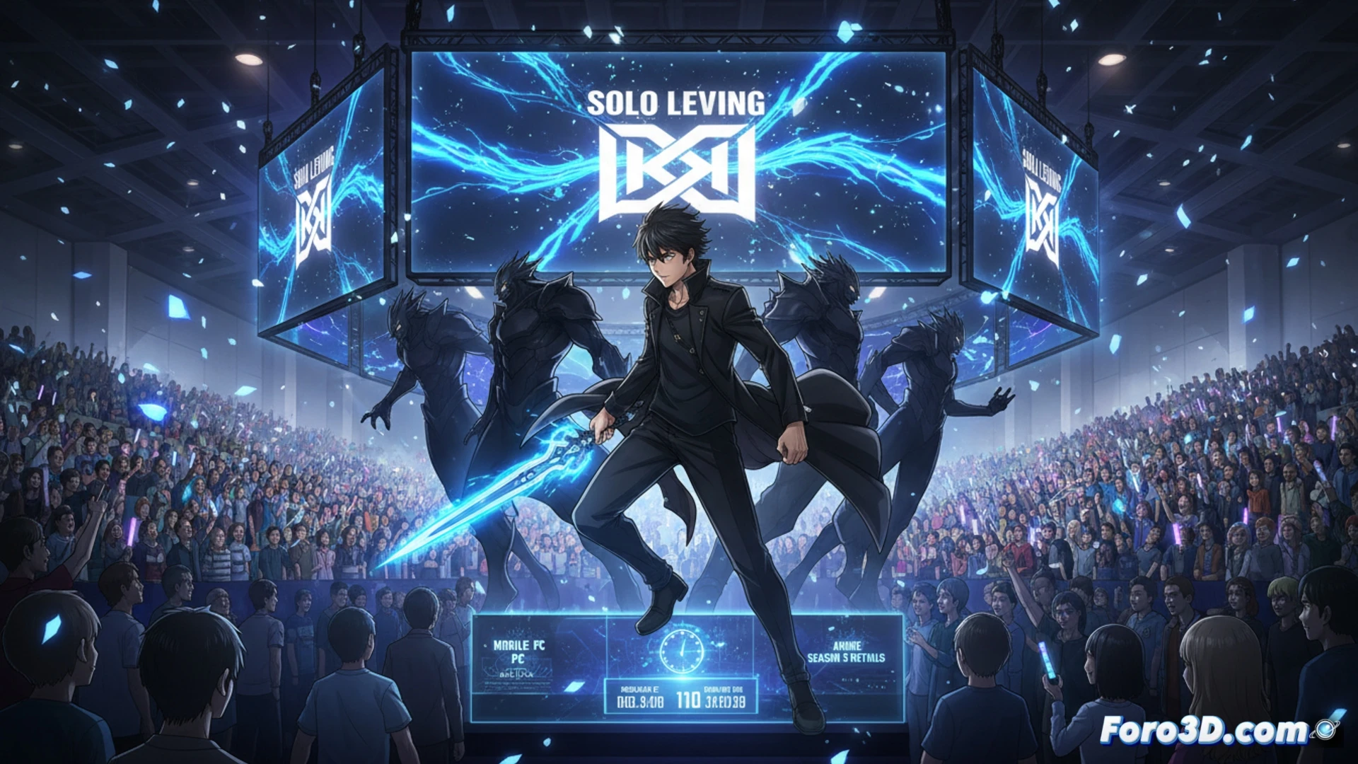 Sung Jinwoo en combate digital, pantalla de PC mostrando interfaz de juego de Solo Leveling: Karma con barras de salud y habilidades, sombras emergiendo de sus manos mientras golpea a un monstruo jefe, teclado mecánico iluminado con teclas RGB, smartphone apoyado junto al monitor con el logo del juego, fondo de Anime Expo con luces de escenario y asistentes borrosos, estilo cinematic photorealistic, acción dinámica con partículas de energía púrpura, reflejos metálicos en el hardware, iluminación dramática azul y negra, render técnico de alta definición