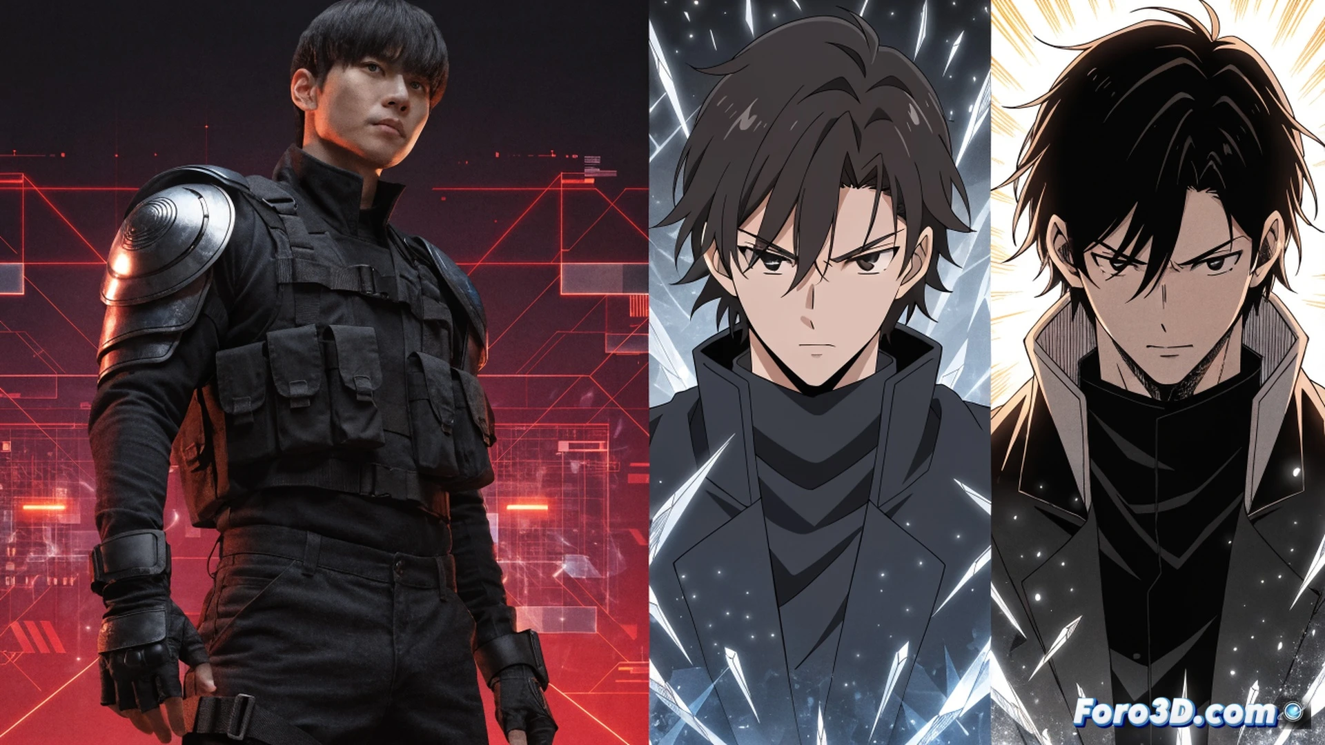 Sung Jinwoo en combate con sombras emergiendo de su espada, arco de energía azul dividiendo el cielo nocturno, fondo con tres portales dimensionales abiertos mostrando fragmentos del anime, el live-action de Netflix y el cómic Ragnarok, hilos de luz conectando cada portal a la figura central, estilo cinematográfico épico, iluminación dramática con destellos violetas y azules, partículas de mana flotando, texturas detalladas de armadura y sombras, composición dinámica con líneas de velocidad, render fotorrealista con toques de ilustración técnica de combate