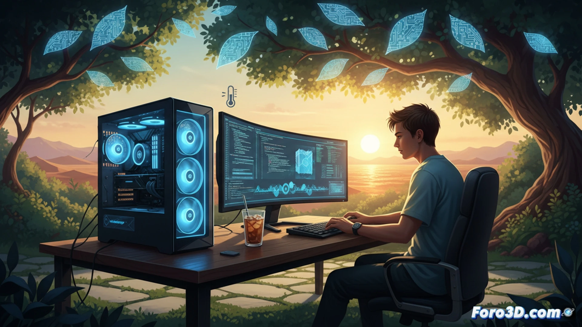 photorealistic technical illustration of a desktop computer workstation near a sunlit window, intense sunlight beam hitting the PC case and monitor, thermal camera overlay showing red and orange hotspots on the CPU cooler and GPU backplate, desk fan blowing air across the hardware while a user pulls down a roller blind to cast shade, sweat droplets on the glass side panel, dust particles visible in the light ray, cinematic warm lighting contrasting with cool blue shadows, engineering visualization style, ultra-detailed components, heat haze effect rising from the case vents.