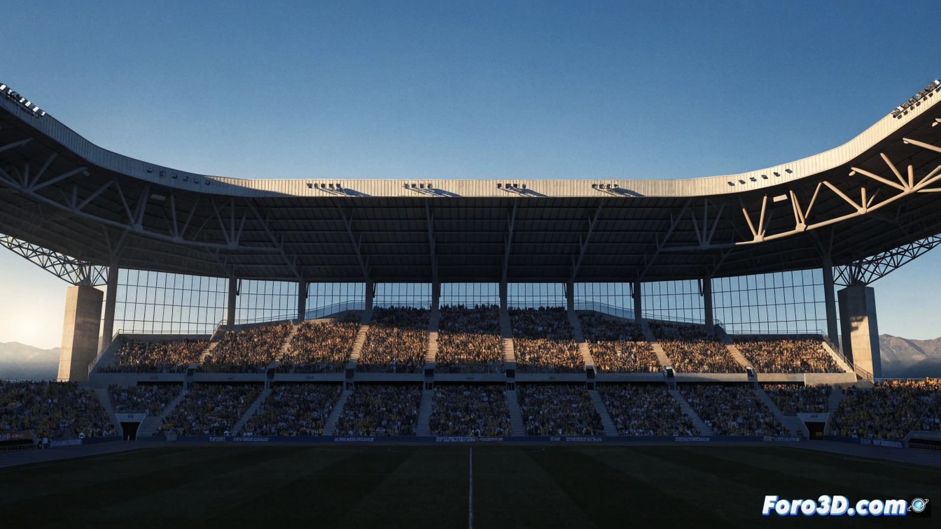 empty stadium interior at night, Son Moix stands half-empty under floodlights, scattered fans in red and black seated in lower tiers, upper concrete stands casting long shadows, a lone security guard walking across the pitch, maintenance crew folding unused seat covers, worn turf showing patches of wear, cinematic wide-angle shot, desaturated colors with cold blue stadium lights, photorealistic architectural visualization, dust particles floating in light beams, contrast between empty seats and a small singing section, melancholic atmosphere, technical stadium photography style, 8K detail on concrete textures and steel beams