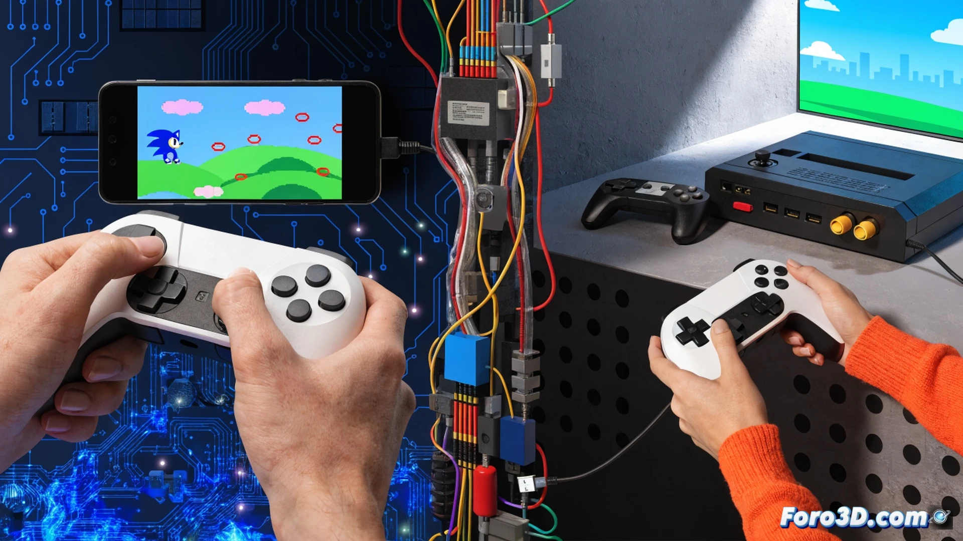 Retro gaming enthusiast connecting a Sega Genesis console to a modern LCD monitor via an HDMI upscaler adapter, hands adjusting video cable while displaying Sonic the Hedgehog gameplay on screen, pixel art with crisp scanline filter overlay, vintage controller with cable routed through a USB converter box, technical workstation with oscilloscope showing signal waveform, photorealistic engineering visualization, dramatic side lighting highlighting console vents and adapter ports, dust particles illuminated in beam, ultra-detailed plastic textures and metallic connector pins, cinematic depth of field, warm nostalgic glow from CRT-style simulation