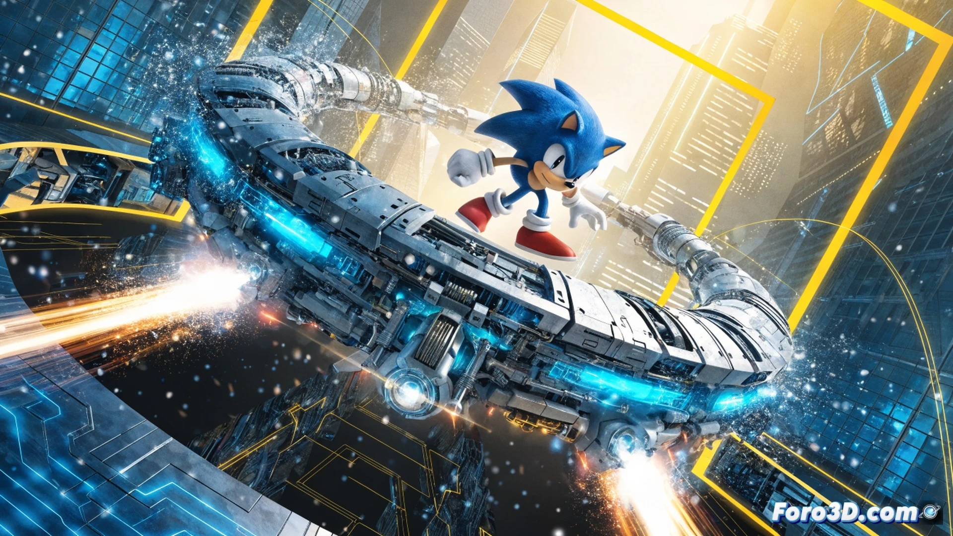 Sonic the Hedgehog mid-sprint across a digital stage, surrounded by floating game controllers and musical notes, while a live streaming interface shows donation meters rising for St. Jude, glowing blue energy trails behind Sonic, interactive chat bubbles and Twitch overlays visible, stage lights illuminating a charity fundraiser setup, cinematic gaming event visualization, vibrant neon colors, dynamic motion blur, photorealistic render with technical streaming equipment in background