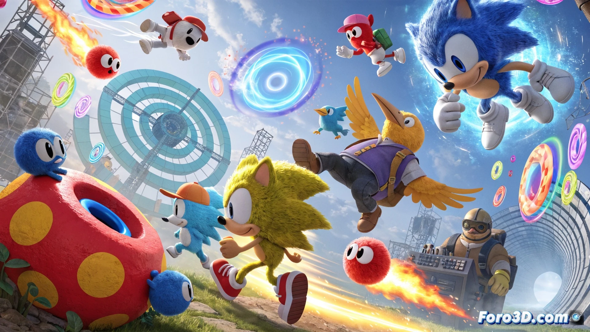 Ocho personajes de Sonic en un nivel colorido tipo Pico Park, mostrando acción cooperativa mientras un Sonic azul ejecuta un spin dash para empujar una caja hacia un botón, Tails vuela sobre un foso llevando a Knuckles, Amy presiona una palanca roja y un robot Eggman cae al vacío, durante una partida frenética con plataformas móviles y engranajes metálicos, demostrando el caos multijugador en una escena de videojuego indie, estilo cinematic render con iluminación dramática, texturas suaves, sombras dinámicas, colores vibrantes, vista isométrica jugable, photorealistic technical illustration con elementos de píxel art moderno.