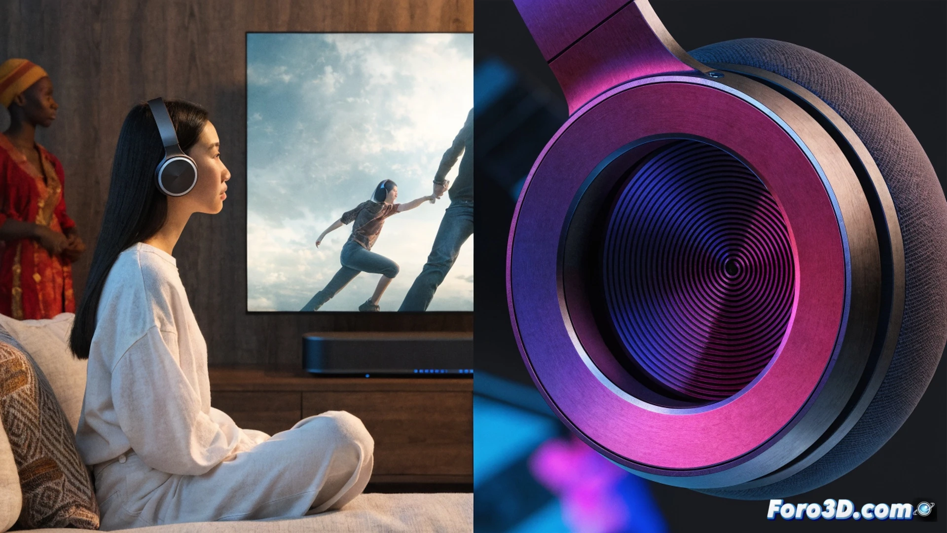 a person wearing Sonos Ace headphones sitting on a modern sofa, hand reaching toward a Sonos soundbar on a TV console, glowing wireless signal arc transferring audio from soundbar to headphones, floating 3D sound waves with spatial audio particles around the ears, living room setting with soft warm lighting, cinematic photorealistic technical illustration, clean lines, high detail on headphone padding and soundbar grille, synchronized motion lines showing zero audio delay, dramatic contrast between silent room and immersive sound field, ultra-sharp product visualization, no text or numbers visible
