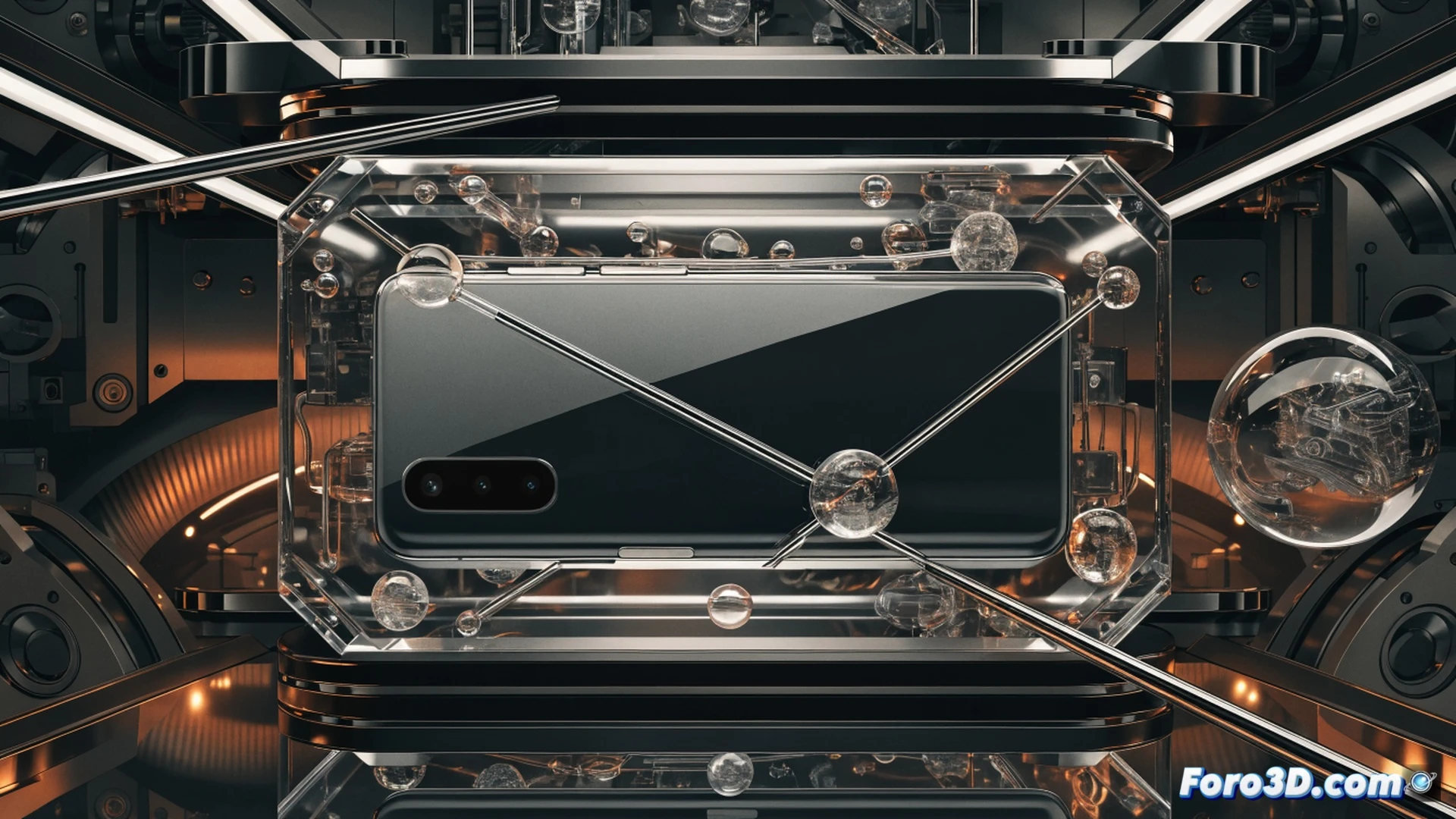 Sony Xperia 1 VIII smartphone resting on a technical workbench, a magnifying glass hovering over its side edge revealing the 3.5mm headphone jack and microSD slot, while a detached camera module shows upgraded lens elements during a precision inspection, scattered micro-tools and a circuit board nearby, cinematic engineering visualization with dramatic side lighting, metallic blue and black finish, photorealistic technical render, sharp macro detail on port openings and textured camera button