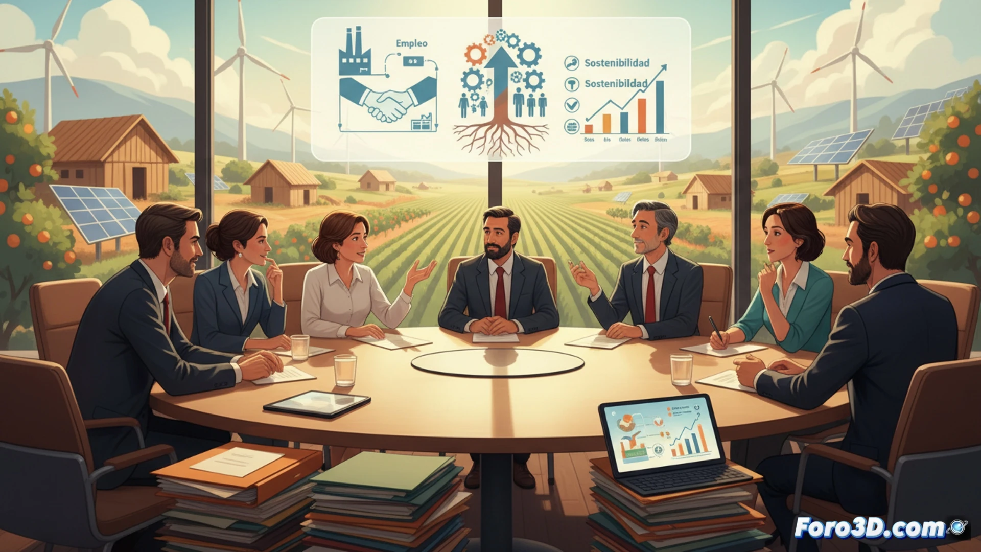 three professionals in a meeting room overlooking l Horta Nord farmland, one pointing at a holographic network diagram showing circular economy flows connecting Veolia water treatment icons, Colevisa recycling symbols, and Cruz Roja employment nodes, hands interacting with floating green job training modules, sustainable urban drainage models on the table, warm natural light from large windows, photorealistic corporate sustainability visualization, clean modern interior, subtle lens flare, ultra-detailed textures