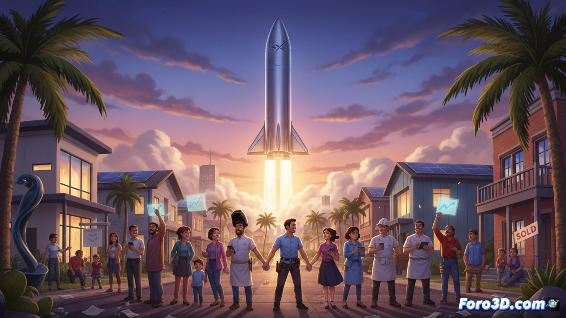 SpaceX rocket assembly line in Brownsville Texas factory, welder in protective gear fusing stainless steel Starship hull panels, sparks flying onto nearby cafeteria counter where cook prepares food, cleaning staff mopping floor beside stacks of employee stock certificates, real estate agent holding For Sale sign with rising price graph in background, cinematic photorealistic industrial scene, dramatic sunset light through factory windows, ultra-detailed welding equipment and rocket components, contrast between blue-collar work and financial opportunity, high-contrast lighting, technical engineering visualization