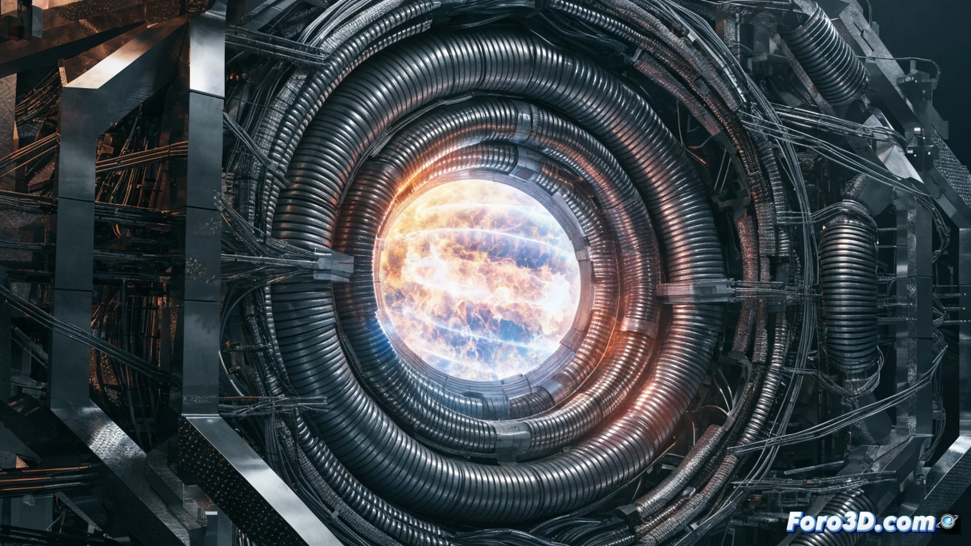 Compact fusion reactor core assembly, SPARC tokamak vacuum vessel being lowered into place by robotic arms, high-temperature superconducting magnets glowing with blue energy fields, technicians in cleanroom suits monitoring plasma confinement simulation on holographic displays, fusion plasma ring forming in the center, intense orange-white light, magnetic field lines visualized as glowing arcs, compact cylindrical chamber compared to human scale, photorealistic engineering visualization, dramatic industrial lighting, metallic reflections, ultra-detailed mechanical components, cinematic technical render