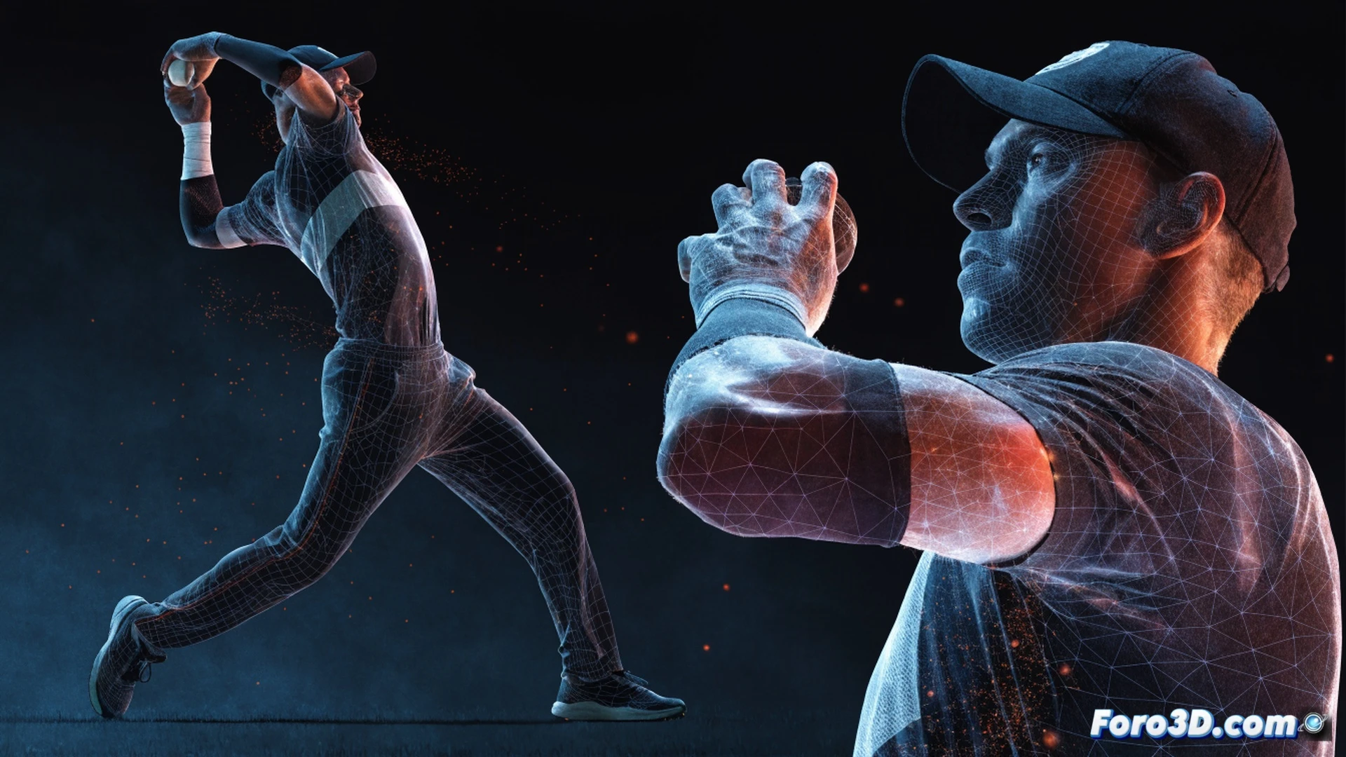 biomechanical analysis of a cricket fast bowler in mid-delivery stride, left arm braced asymmetrically creating an extreme angular release point, 3D wireframe skeleton overlaid on the athlete skin, motion capture markers glowing on joints and shoulder, red trajectory lines showing ball path bending at an impossible angle, translucent muscle fibers under tension, blue digital grid floor, engineering visualization style, cinematic lighting from side, high contrast shadows, photorealistic human anatomy with technical overlay, ultra-detailed skin texture, sweat droplets frozen in motion, dark studio background with soft rim light