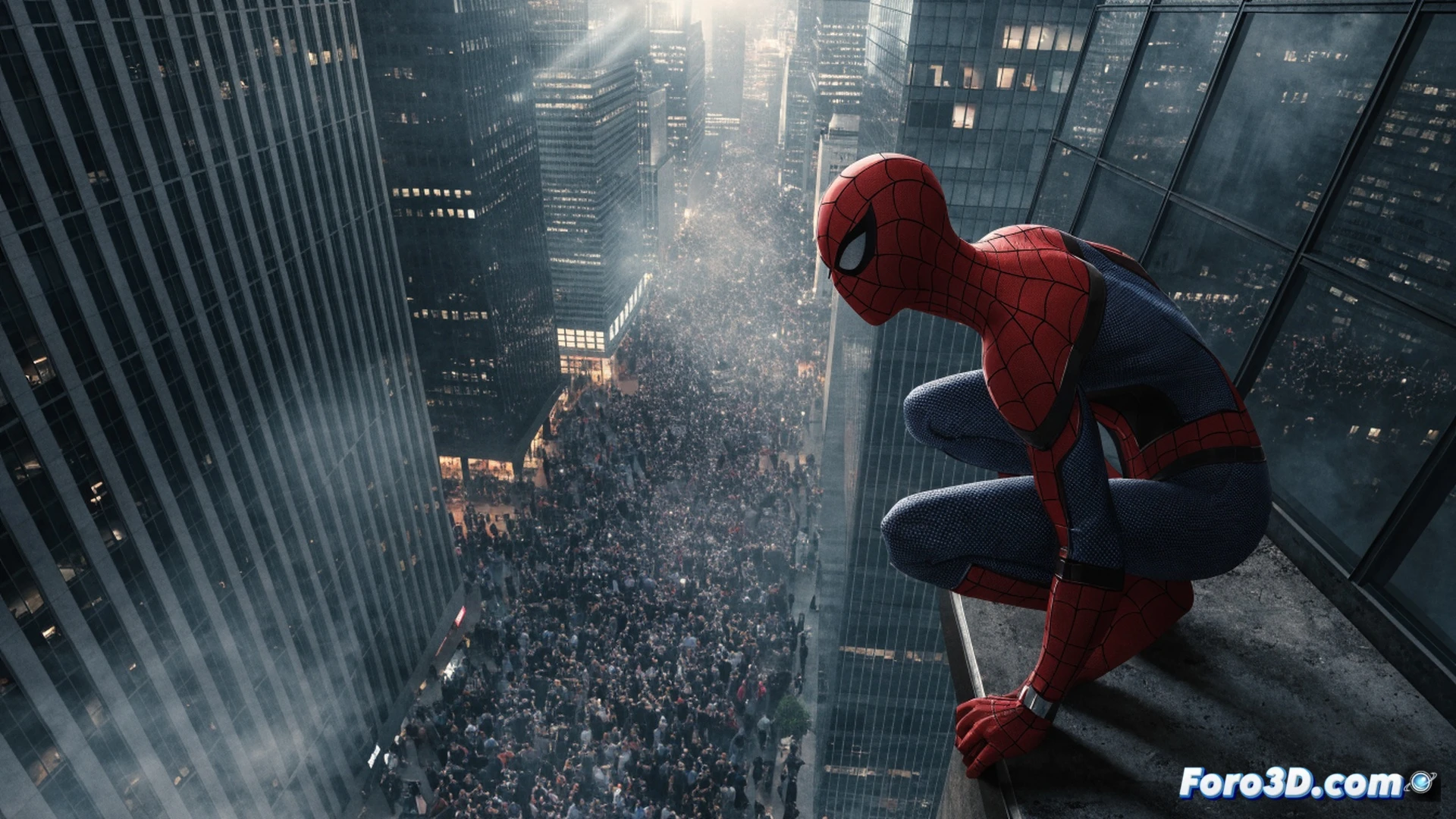 cinematic scene of a massive movie theater entrance at night, glowing digital ticket kiosks showing sold-out signs, a crowd of fans holding glowing web-shaped wristbands, a giant holographic Spider-Man logo hovering above the marquee, ticket stubs flying upward in a fast motion blur, digital transaction screens displaying record-breaking sales numbers in abstract glowing data streams, photorealistic technical illustration, dramatic cinematic lighting with neon blue and red reflections, ultra-detailed crowd silhouettes, futuristic box office technology, motion-trail effects of rapid ticket purchases, dynamic action of fans rushing forward while pointing at the sold-out display, high-contrast urban night atmosphere