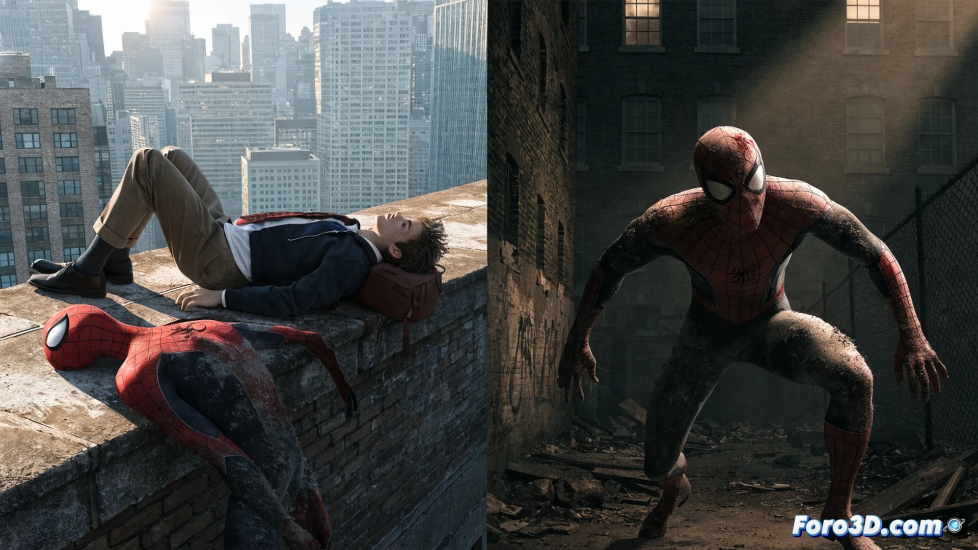 Peter Parker en su apartamento desordenado, herramientas de reparación de traje esparcidas sobre una mesa de trabajo, una antena de comunicaciones improvisada y piezas de electrónica rotas, mientras sostiene una máscara agrietada en sus manos, reflejando luz tenue de una ventana sucia, mostrando el costo personal de su doble vida, estilo cinematográfico realista, iluminación sombría y contrastada, tono melancólico, composición centrada en la figura humana y los objetos técnicos, texturas desgastadas, fotorealismo dramático