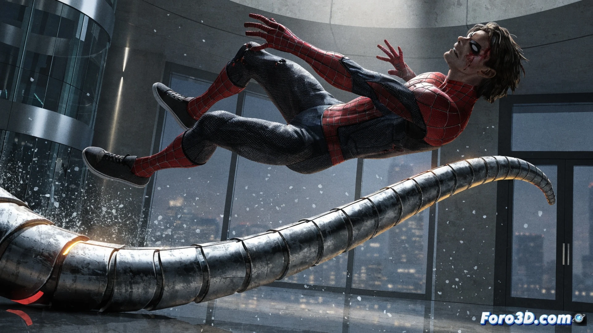 Spider-Man en pleno salto urbano, cola metálica de Escorpión impactando su costado, Peter Parker siendo lanzado violentamente por los aires, expresión de dolor visible, traje desgastado con raspones y polvo, fondo de callejón industrial con escombros volando, iluminación dramática de atardecer, estilo cinematográfico fotorrealista, cámara lenta capturando el momento exacto del golpe, partículas de asfalto y chispas metálicas dispersándose, coreografía de pelea intensa y visceral, texturas detalladas del traje y la armadura del villano, composición dinámica con líneas de movimiento implícitas