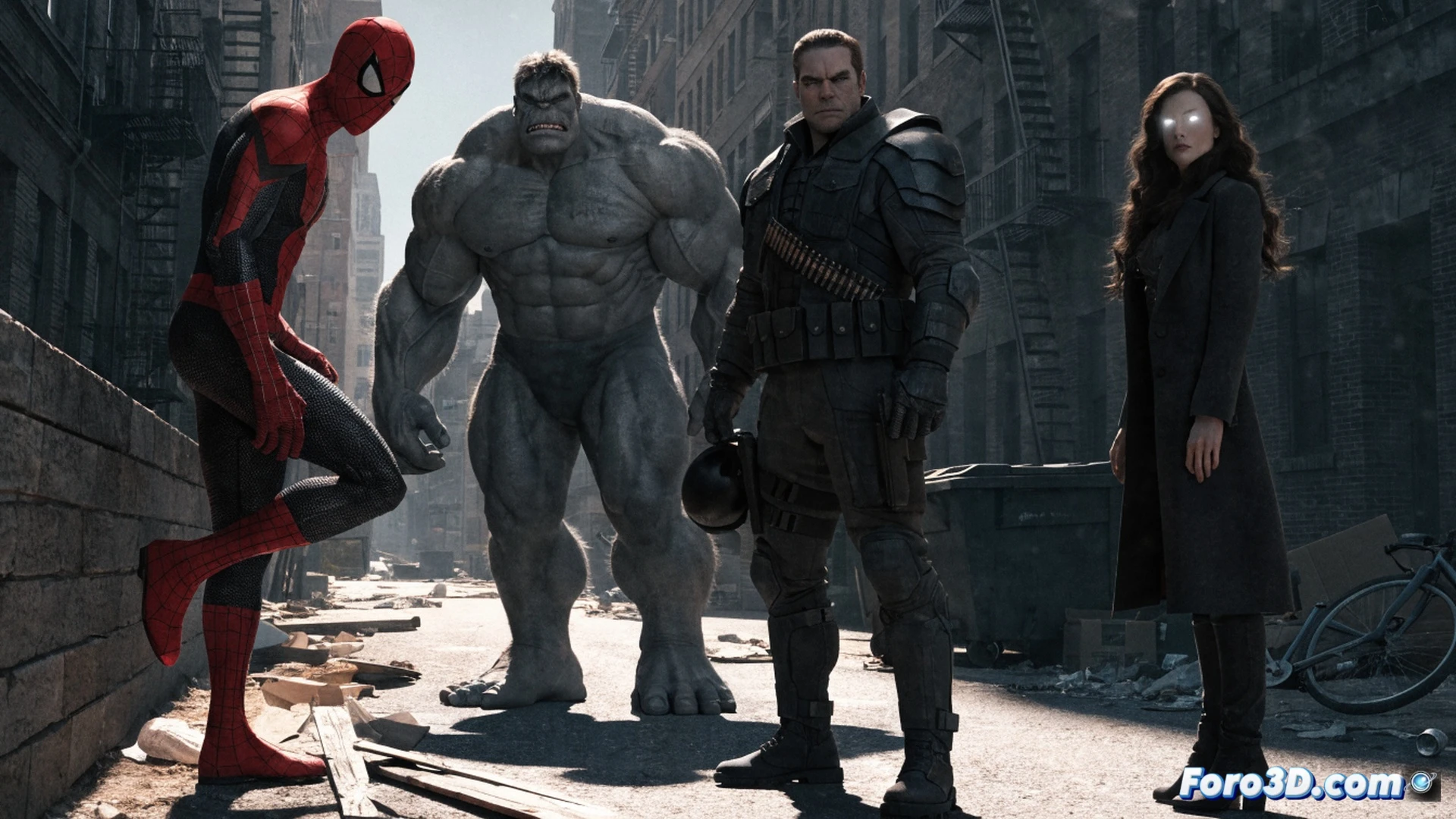 urban street battle scene at night, Hulk in grey form smashing a flipped car with one fist while Spider-Man swings mid-air between two fire escapes, Punisher aiming a high-caliber rifle from a rooftop edge, Jean Grey levitating debris with glowing telekinetic energy around her hands, broken streetlamps sparking, shattered glass and concrete fragments suspended in motion, cinematic photorealistic style, dramatic side lighting from police flare barrels, wet asphalt reflecting neon signs, dust particles caught in light beams, action frozen in mid-motion, ultra-detailed textures on worn brick walls and torn costumes, wide-angle lens perspective showing depth of the chaotic street corner