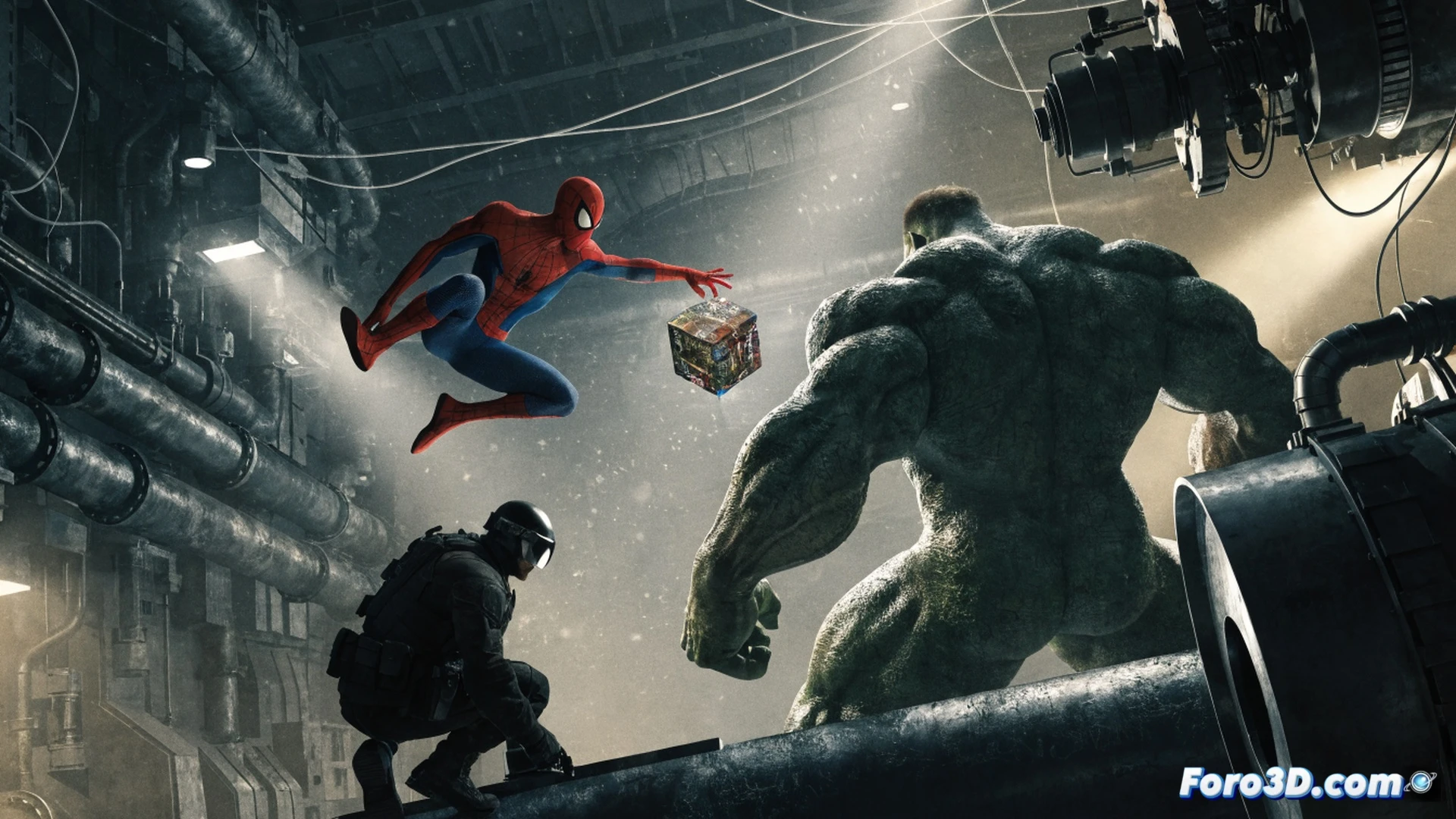 Spider-Man, Hulk y Punisher en un laboratorio AIM en llamas, el Cubo Cósmico brillando intensamente entre escombros humeantes, Hulk destruyendo una consola de control mientras Punisher apunta su rifle, Spider-Man colgado de una viga rota observando sin intervenir, estilo cinematográfico de cómic realista, iluminación dramática con destellos azules y rojos del cubo, humo y chispas eléctricas, texturas metálicas detalladas, render fotorrealista técnico, composición de acción caótica pero estática, mostrando la falta de conexión emocional entre los personajes.