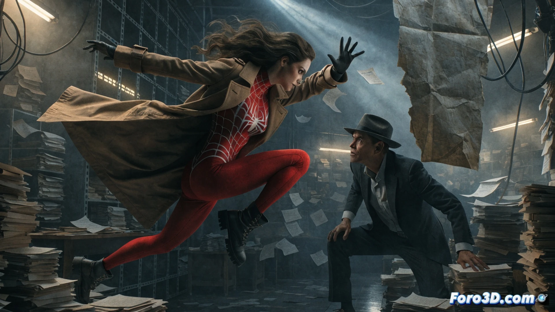 Spider-Woman en acción detectivesca nocturna, Jessica Drew en traje clásico rojo y amarillo usando aguijones de energía mientras investiga un panel de control industrial con cables expuestos y pantallas rotas, Ben Urich sosteniendo una cámara y libreta detrás de ella, durante una persecución en un almacén lleno de maquinaria oxidada y tuberías con fugas de vapor, mostrando un misterio técnico con herramientas de espionaje y dispositivos electrónicos destrozados, estilo cinematográfico de cómic noir, iluminación dramática con sombras duras y destellos de neón azul, render fotorrealista con texturas metálicas detalladas y partículas de polvo en suspensión
