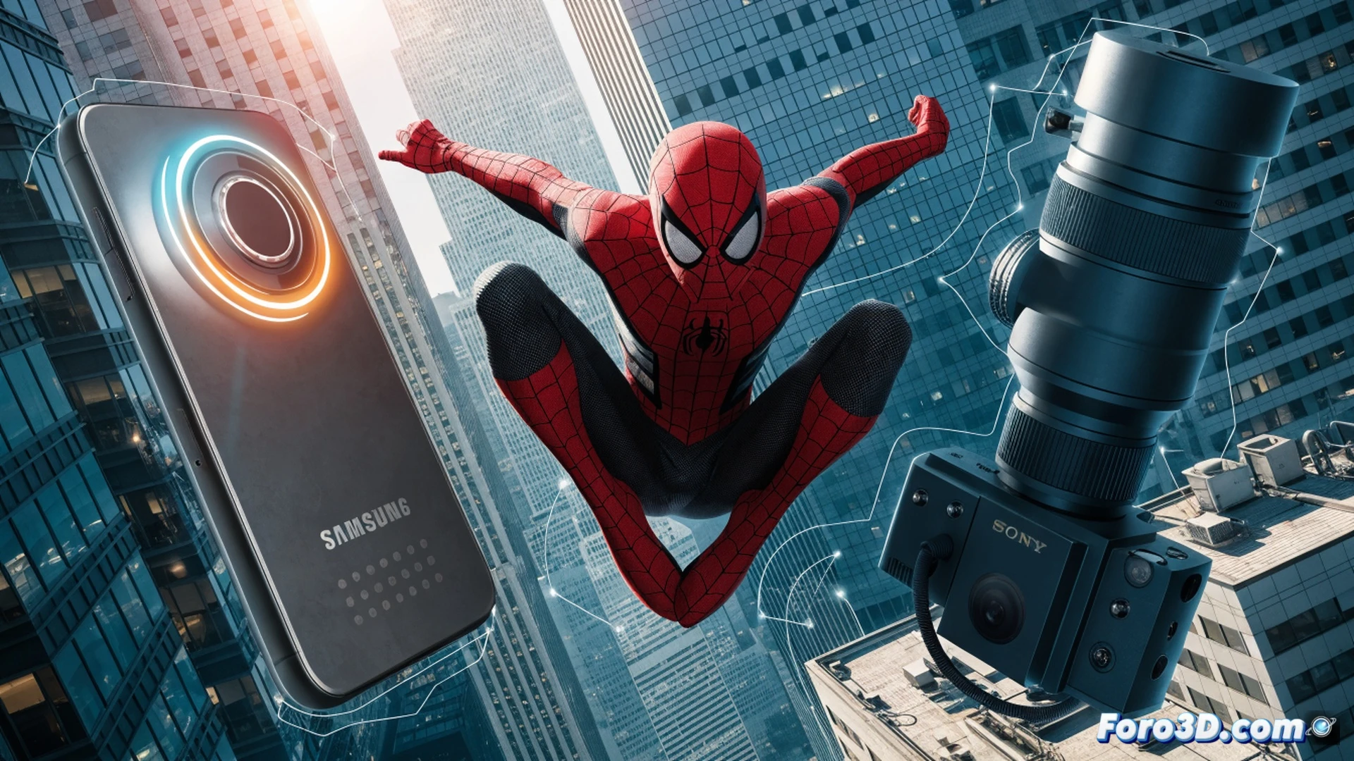 interactive digital map on a Galaxy smartphone screen displaying a red Spider-Man icon moving across a 3D city grid, translucent data streams connecting to Sony servers, glowing location pins and video thumbnails floating above the interface, user tapping the screen while holding the device, cinematic product photography style, hyper-realistic smartphone textures, dynamic blue and red neon lighting, reflective glass surface beneath the phone, depth-of-field blur on background cityscape, clean futuristic tech aesthetic, photorealistic marketing render