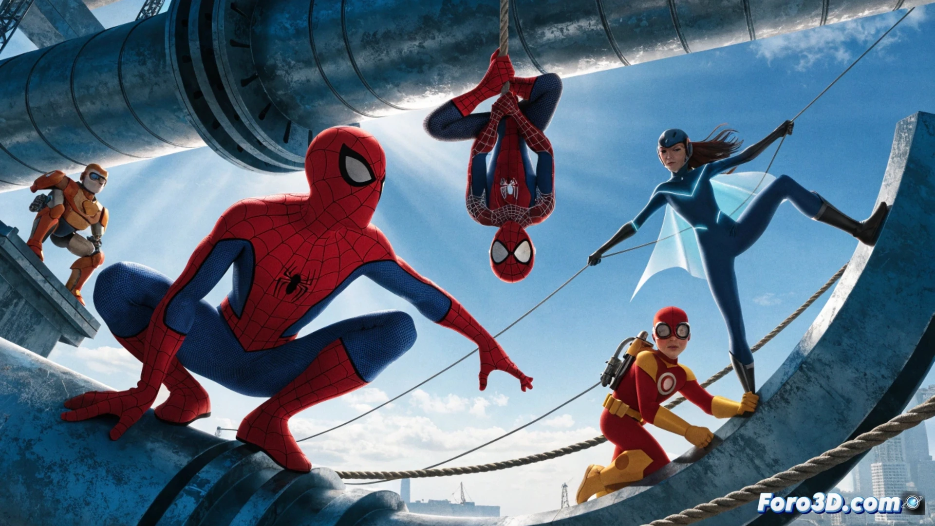 Marvel superheroes in action poses with glowing web lines, two new child-sized heroes in bright suits joining a friendly red-and-blue Spider-Man during a rooftop rescue mission, cartoonish city skyline with tall buildings and a glowing sunset, teamwork shown as characters pulling a toy train back onto tracks, colorful power tools and a small drone hovering nearby, clean 3D animation style with soft shadows and cel-shaded textures, bright primary colors, energetic dramatic composition, cinematic childrens show lighting, joyful expressions, no text or numbers visible