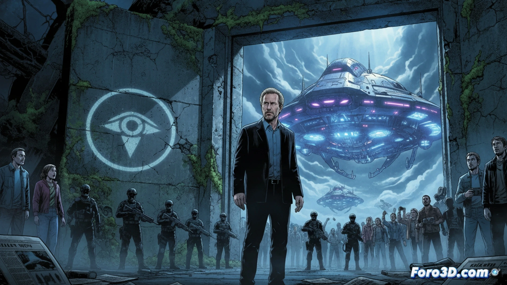 Steven Spielberg standing before a massive holographic projection of classified government files, alien spacecraft schematics floating midair, glowing redacted documents cascading down a digital screen, cinematic science fiction visualization, dim control room with flickering monitors, a technician pointing at a blinking radar anomaly, dust motes in harsh blue light, retro-futuristic computer terminals, cables snaking across metal desks, photorealistic technical render, dramatic shadows, high-contrast lighting, action of revelation unfolding during a tense briefing