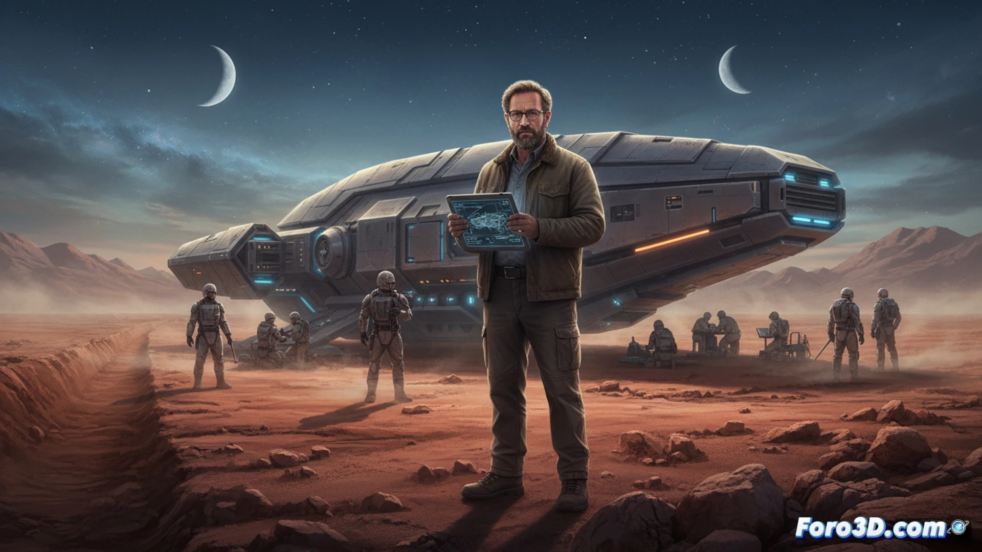 Cinematic aerial view of a retro-futuristic spacecraft descending through storm clouds at dusk, its metallic hull reflecting faint amber light, while a lone figure stands on a rain-soaked desert landing pad, holding a vintage film camera, observing the arrival, realistic sci-fi visualization, weathered control panels visible through a cockpit window, blinking red indicator lights, antenna arrays glowing with static discharge, dust particles kicked up by atmospheric thrust, ultra-detailed mechanical engineering, photorealistic lighting, dramatic cloud layers, motion blur on rotating radar dishes, cinematic color grading.