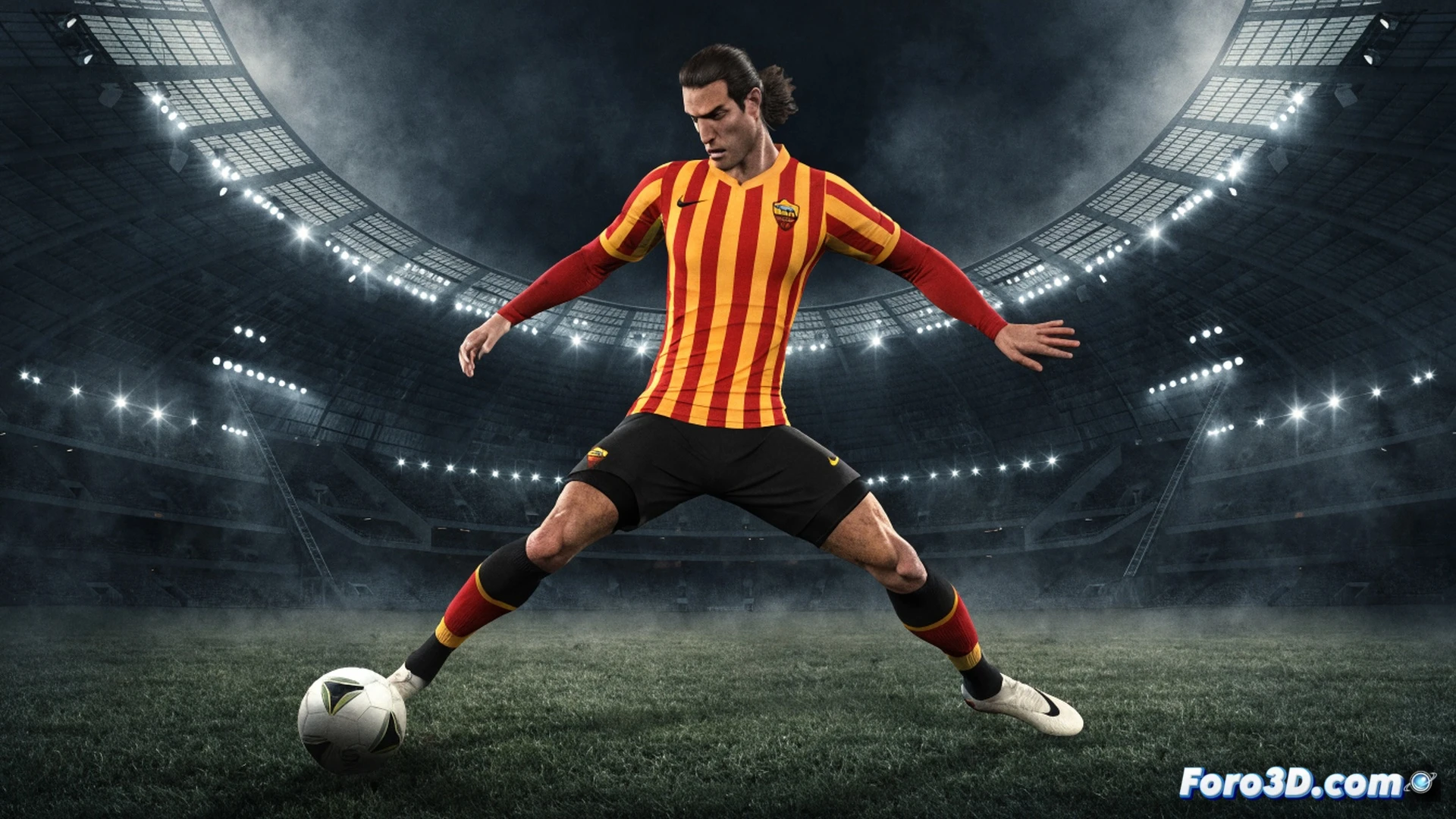 dynamic 3D holographic display of a soccer player in full sprint, left foot planted for a sharp cut, right leg mid-stride with explosive muscle definition, translucent wireframe overlay showing biomechanical data points on quads and hamstrings, glowing orange heatmap on the grass indicating acceleration zones, a football trailing a blue motion path from a precise cross, technical engineering visualization style, midnight stadium lighting with floodlights casting sharp shadows, ultra-detailed synthetic turf texture, cinematic photorealistic render, holographic UI panels floating in the background displaying vector velocity arrows and torque curves
