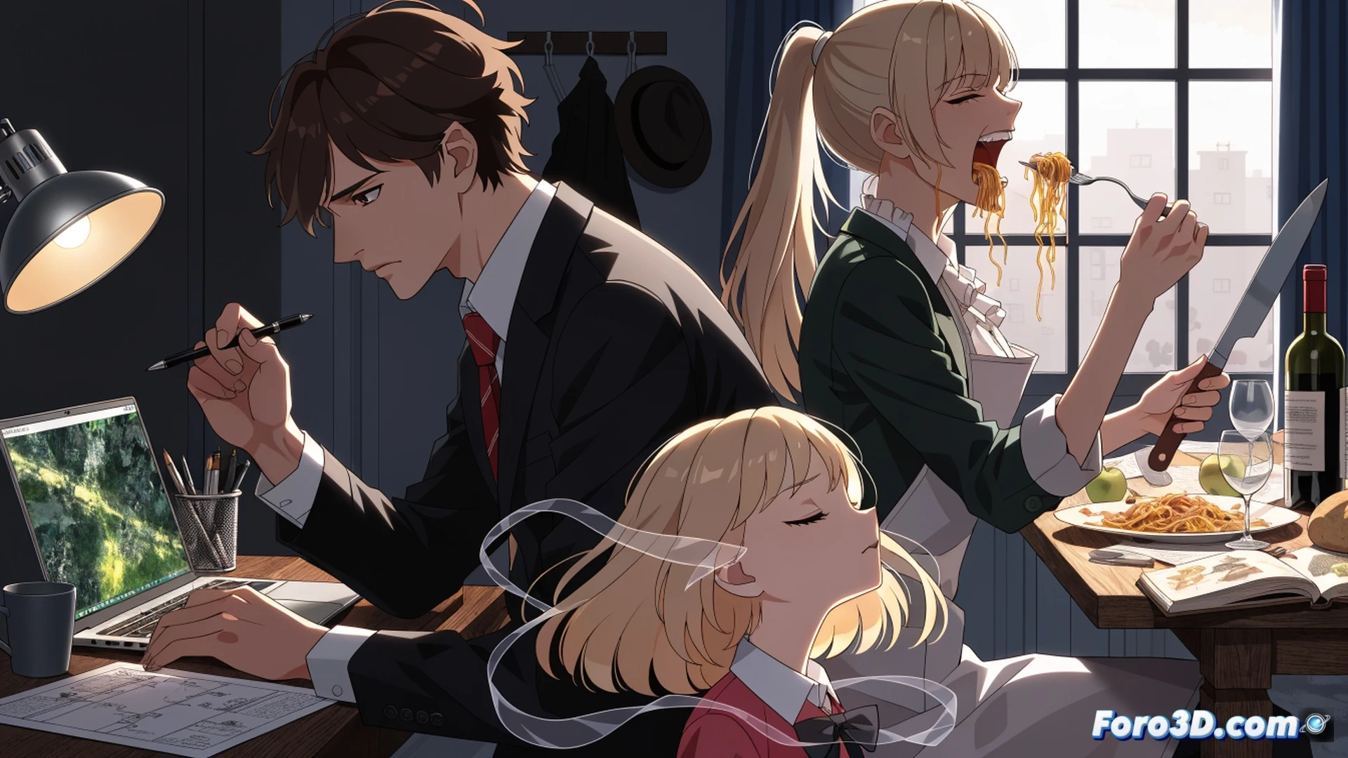 domestic kitchen transformed into covert operations hub, a man in a suit adjusting his tie while secretly pressing a hidden button on a toaster, a woman slicing vegetables with a knife that doubles as a throwing weapon, a young girl with her hand extended mid-air using psychic powers to levitate a teacup, all while surveillance cameras and wiretap devices are visibly embedded in household objects, cinematic technical illustration, warm kitchen lighting contrasting with cold blue tactical gear shadows, photorealistic engineering visualization, intense action freeze-frame, hidden spy gadgets and communication earpieces visible, chaotic yet precise composition