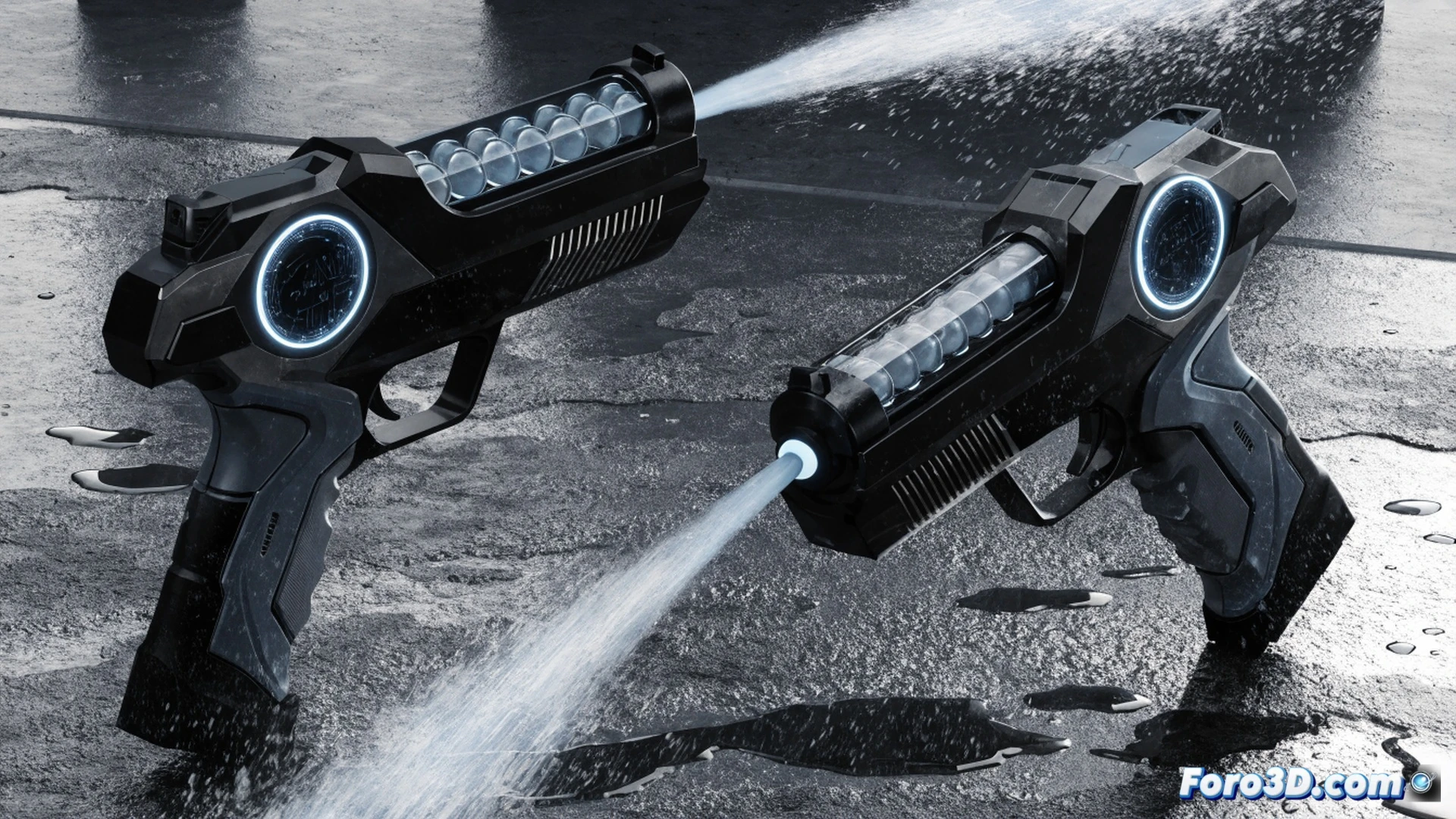 Spyra electronic water blaster firing a precise high-speed water jet at a target, transparent water tank showing internal pump mechanism, LED display indicating ammunition count, automatic reloading process visible through clear casing, bright outdoor sunlight, water droplets frozen mid-air, tactical player in motion aiming, photorealistic technical illustration, metallic blue and black finish, dynamic action scene, sharp focus on water trajectory, shallow depth of field