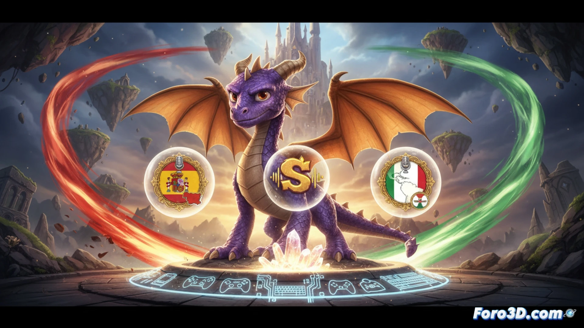 Spyro the dragon landing on a Steam store page interface, purple wings spread wide, glowing controller icons for Xbox PlayStation and Nintendo Switch floating around him, digital audio wave lines in Spanish flag colors and Latin American flag colors radiating from his open mouth, PC monitor glowing in background, cinematic technical illustration, metallic and neon lighting, ultra-detailed dragon scales, motion blur on audio waves, realistic game UI elements, photorealistic digital art, dramatic blue and purple palette