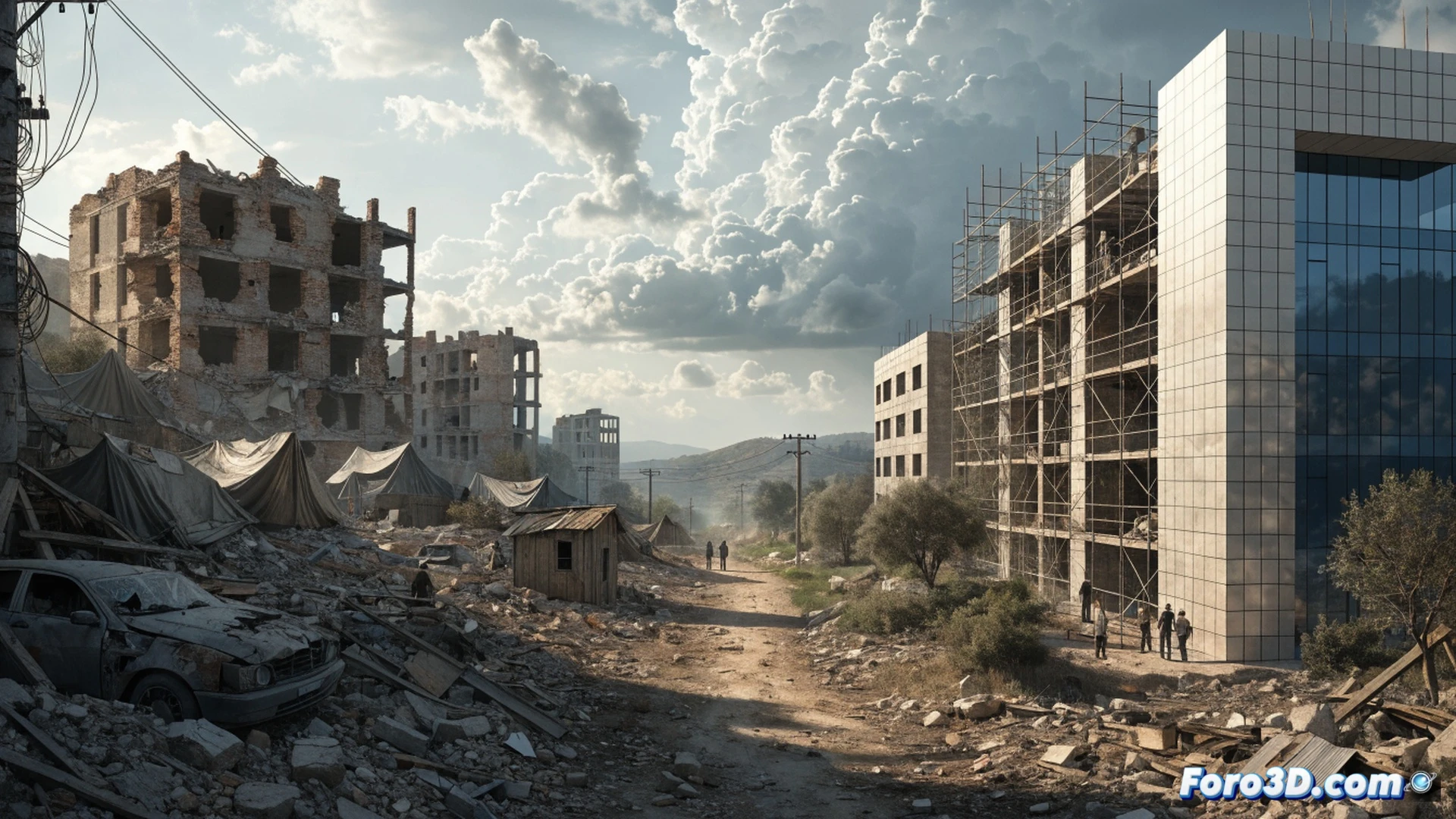 aerial view of a shattered Lebanese village street, collapsed concrete buildings with exposed rebar, a bulldozer pushing rubble while a technician in orange vest surveys damaged water pipe, broken solar panel fragments scattered, dust rising, cinematic photorealistic engineering visualization, dramatic overcast lighting, debris patterns showing blast direction, cracked asphalt, twisted metal infrastructure, ultra-detailed destruction texture, technical documentation style
