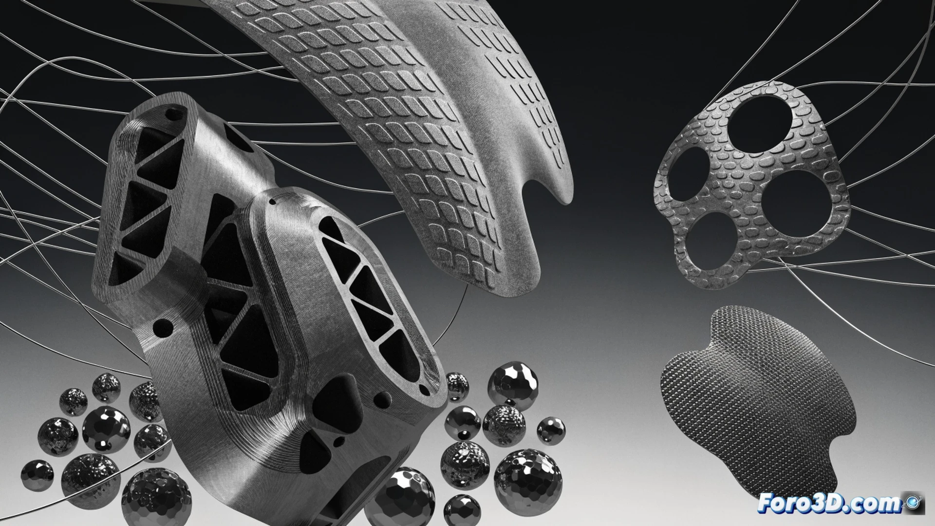 SSAB steel powder flowing into a 3D printer nozzle during additive manufacturing, a protective metal component being built layer by layer without molds, robotic arm handling the finished part, digital blueprints displayed on a nearby screen showing stress analysis, construction and automotive parts scattered around, cinematic engineering visualization, bright industrial workshop lighting, metallic reflections, sparks from laser sintering, photorealistic technical render