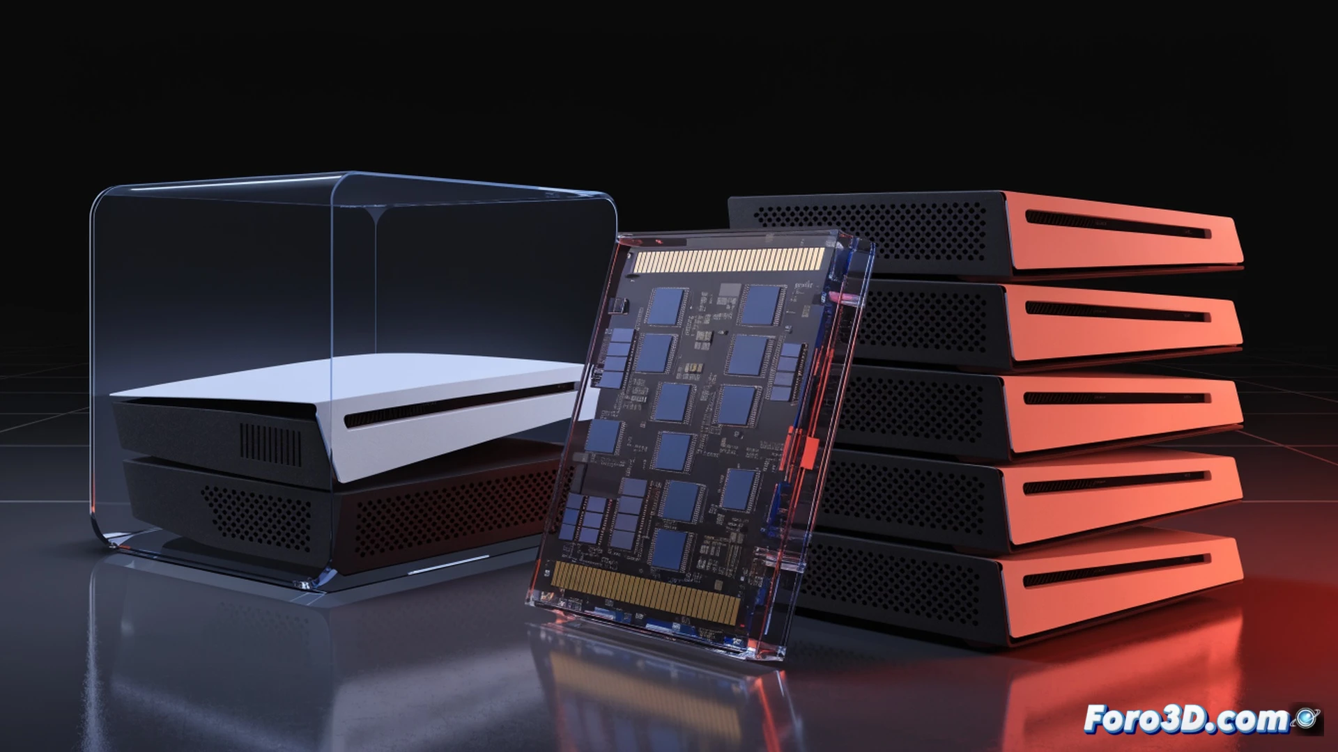 PlayStation 5 console with its side panel removed, a technician inserting an oversized 8TB SSD module into the expansion slot, the drive glowing with an intense golden light, two stacked PS5 boxes in background dwarfed by a massive price tag floating above, motherboard traces and cooling fins visible, dramatic spotlight from above casting long shadows, photorealistic technical illustration, metallic reflections on SSD casing, dust particles in beam of light, contrast between tiny console and enormous storage component, cinematic product photography style