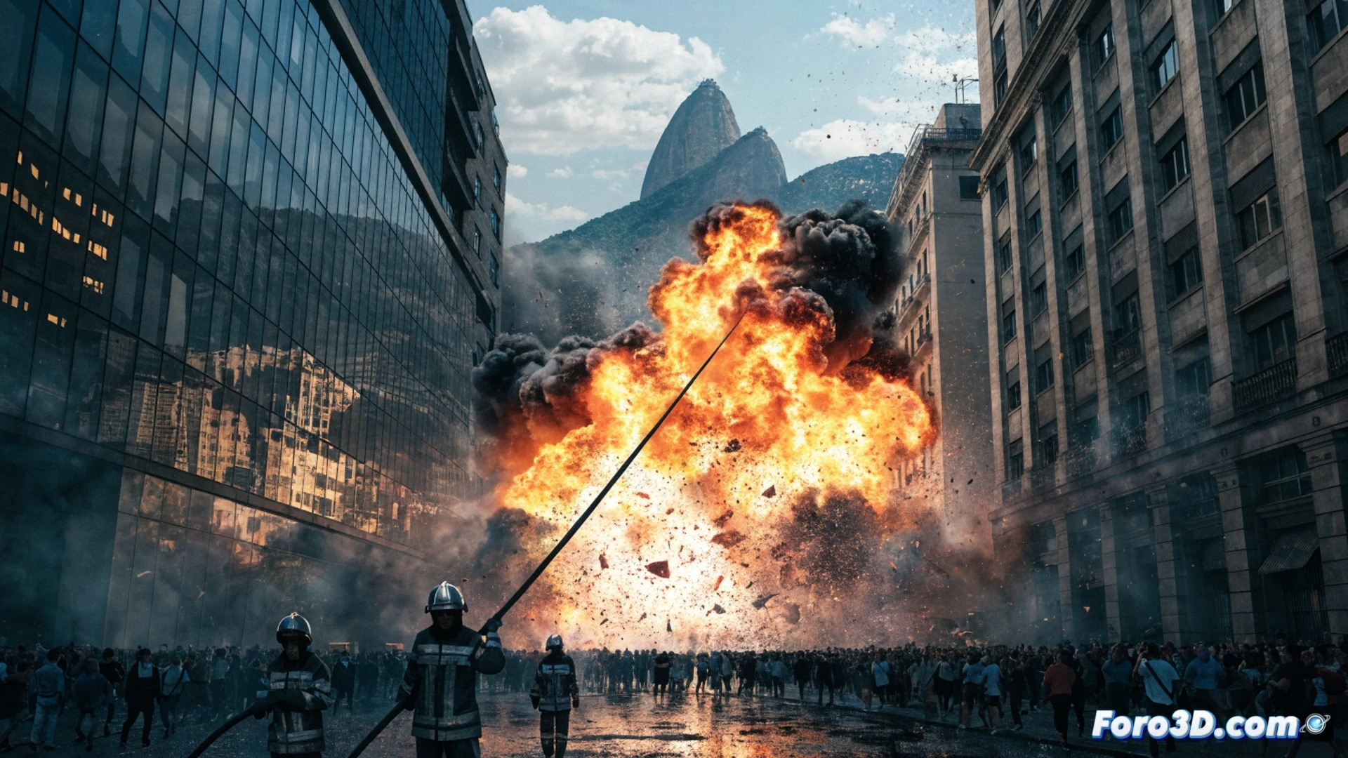 digital crowd simulation explosion scene, multiple virtual firefighters running toward a burning building in a chaotic Rio de Janeiro street, particles and debris flying through the air from a massive blast, realistic smoke plumes rising, computer-generated bystanders reacting in panic, technical breakdown of CGI elements visible as wireframe overlays on edges of virtual characters, motion blur on running figures, cinematic photorealistic style, dramatic orange and black lighting, high-contrast shadows, ultra-detailed destruction debris, engineering visualization with particle trails showing explosion shockwave propagation