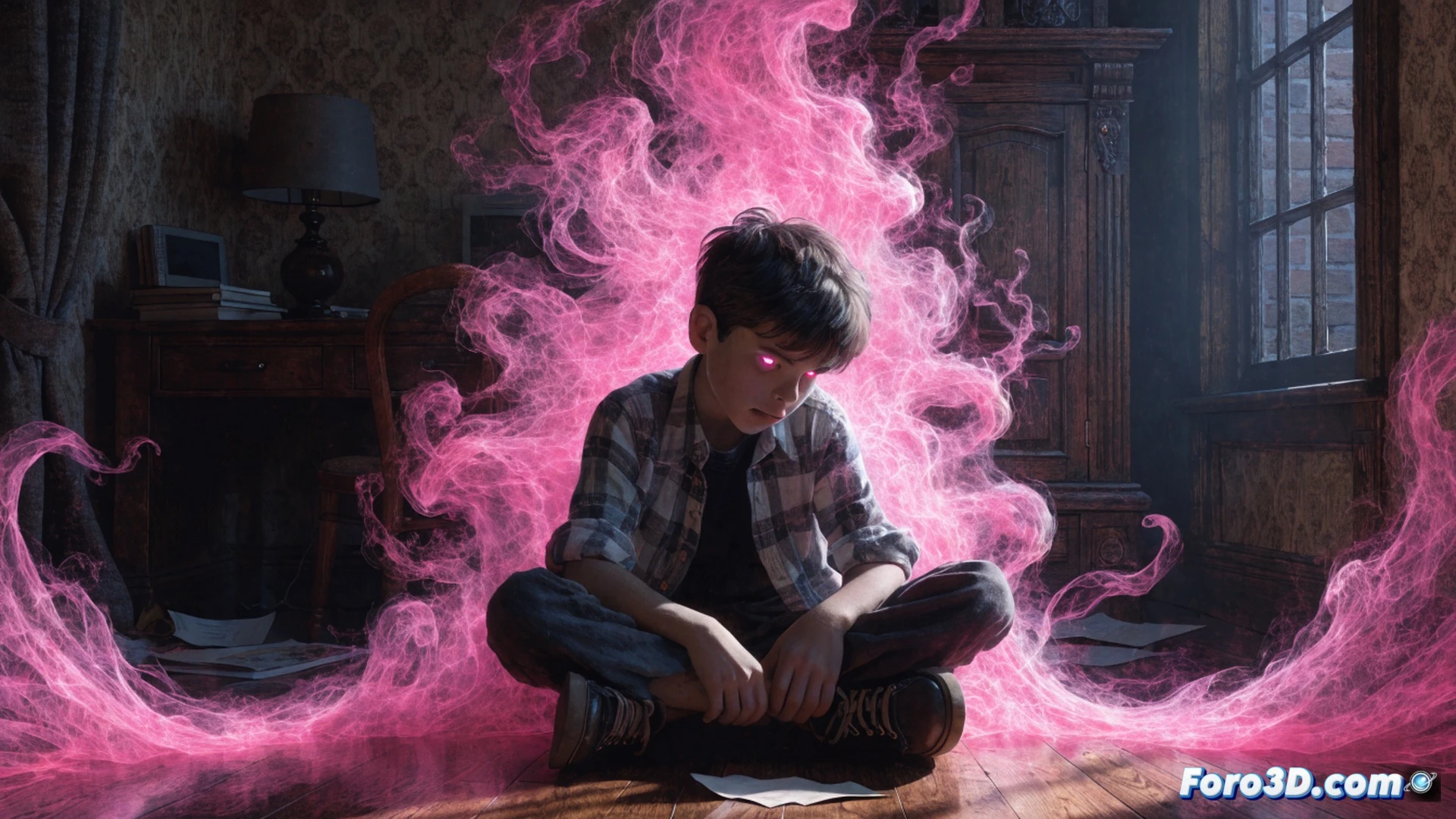 Sala de estar polvorienta de los años 50, niño solitario abrazando rodillas en el sofá, gran monstruo rosa translúcido con textura de goma emergiendo detrás de un sillón, solo el niño puede verlo, monstruo sosteniendo un cómic vintage abierto mientras señala con dedo regordete, lámpara de pie emitiendo luz cálida, sombras alargadas en el suelo de madera, polvo flotando en rayos de luz, estilo cinematográfico vintage con grano de película, iluminación dramática de claroscuro, detalles de textura de papel amarillento y tela desgastada, render fotorrealista técnico con profundidad de campo suave